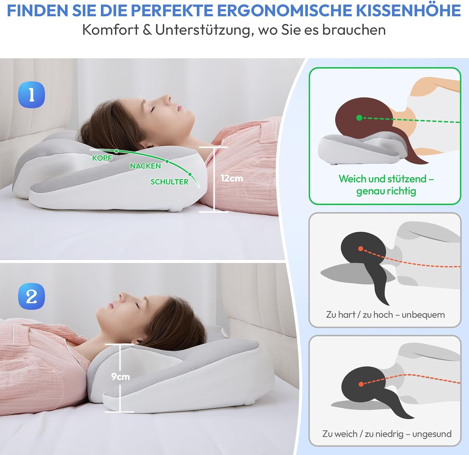 Nackenkissen, Memory-Schaum-Kissen: 60 x 40 cm, orthopädisches Kissen mit abnehmbarem Bezug – Nackenstützkissen für Schlafkomfort – ergonomisches Kissen für Rücken- und Bauchschläfer – Bild 3