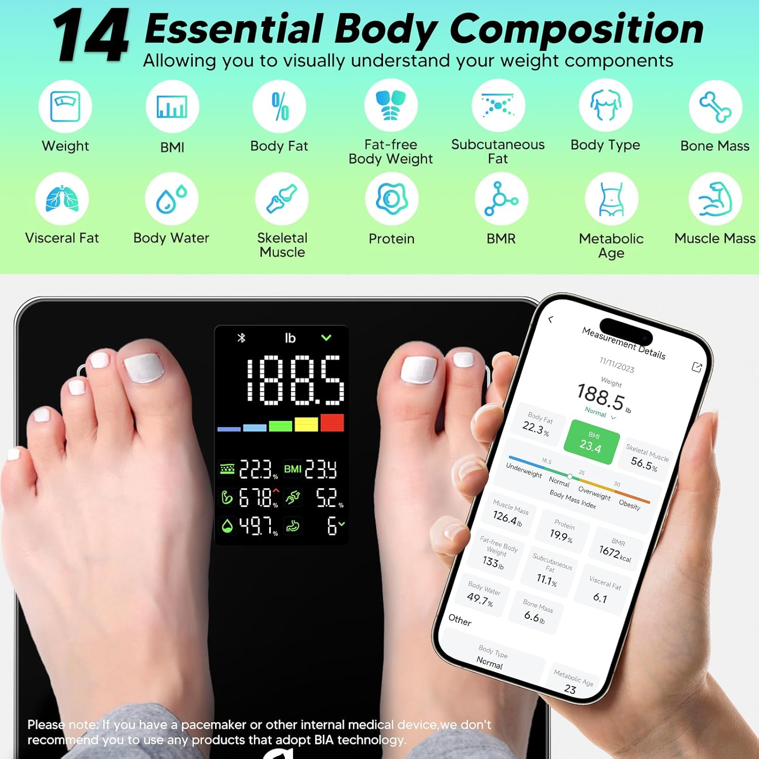 arboleaf Personenwaage Digitale Körperfettwaage mit App, Waage mit Körperfett und Muskelmasse mit großem LED-Display, hochpräzise Körperwaage Bluetooth bis 180 kg / 400 lbs – Bild 2
