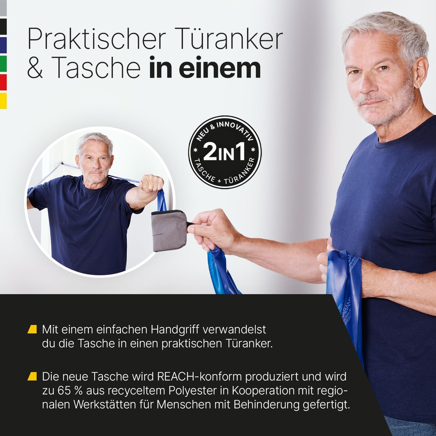 TheraBand 2,50m inkl. Türanker + Tasche | Widerstandsbänder | Terrabänder | Gymnastikband | Fitnessband | Stretchband | Heimtraining, Krafttraining, Rückenübungen, Therapie, Reha | 100 % Naturlatex – Bild 3