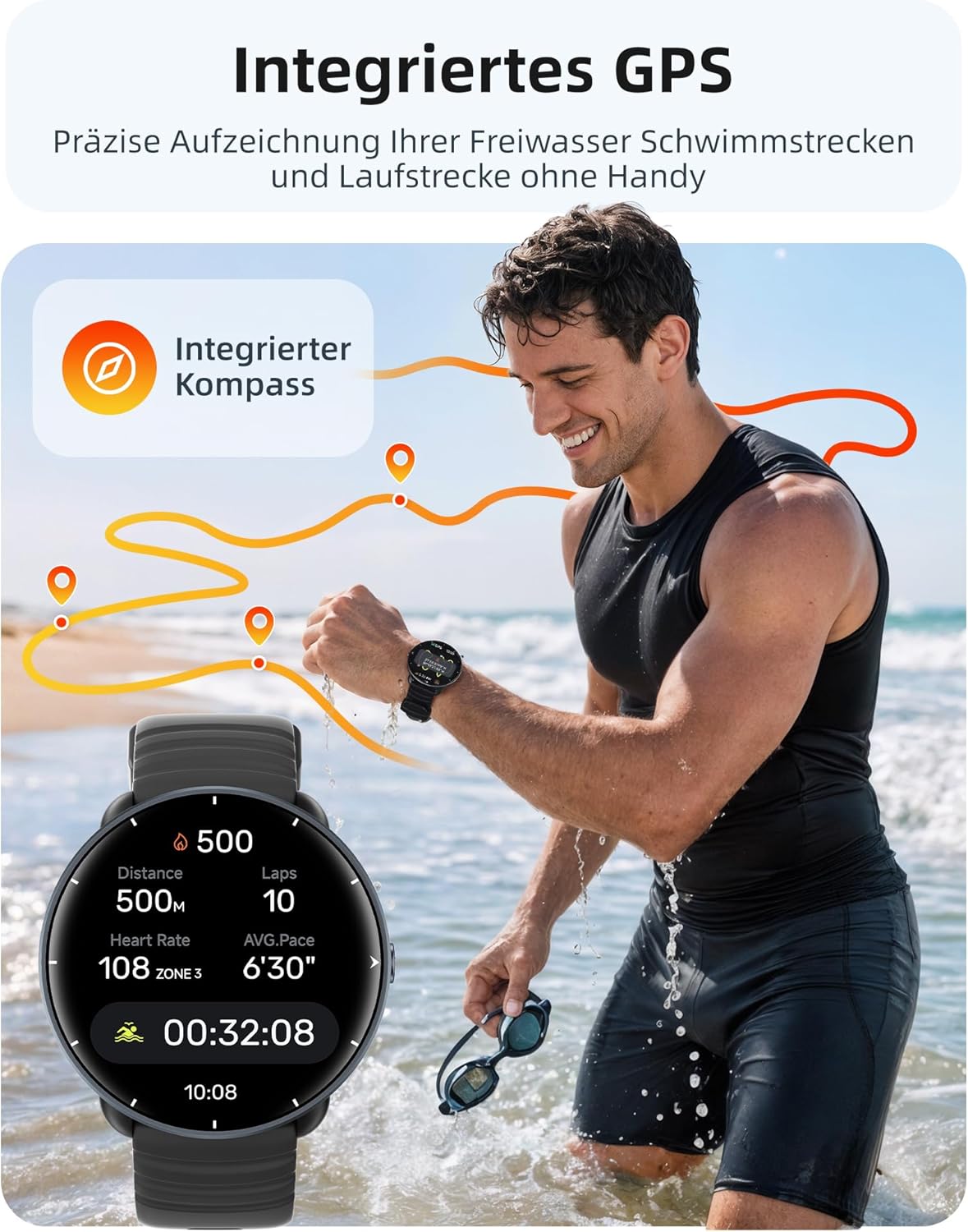 Parsonver Smartwatch Herren Damen, integriertes GPS, 5 ATM wasserdichte Schwimmuhr für Pool/offene Gewässer, Fitnessuhr mit AMOLED-Display, 100+ Sportmodi, Herzfrequenz, Schlafen (Schwarz, 42 mm) – Bild 3