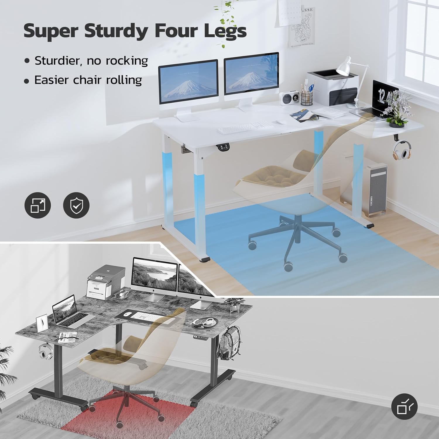 Dripex Höhenverstellbarer elektrischer Schreibtisch, 180 x 110 cm, L-förmig, höhenverstellbar mit Dual-Motor, Eckschreibtisch, Stehpult mit 4 Beinen für super Stabilität, Spleißbrett, Weiß – Bild 6