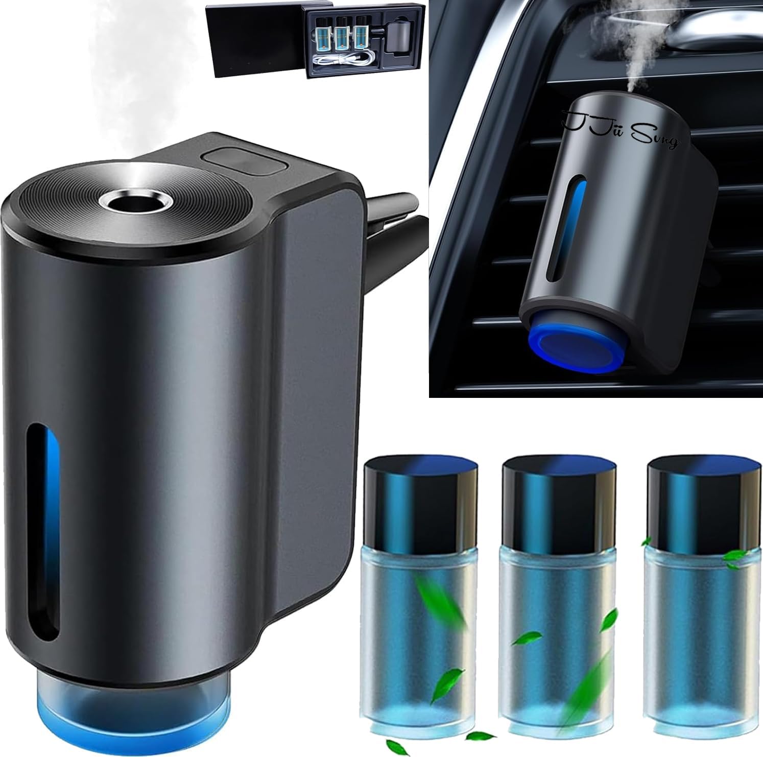 Elektroauto-Lufterfrischer mit 3 Parfümen (Köln/Chanell/Hiltonn), Ultraschallzerstäuber, intelligente 3 Modi, automatisches Ein-/Ausschalten, eingebauter Akku, 30 ml natürlicher Autoduft CFK-3Z