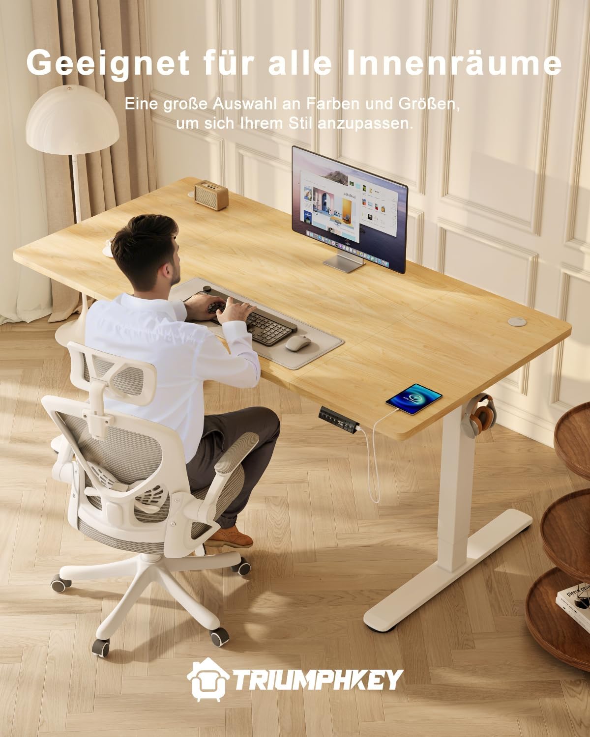 TRIUMPHKEY Höhenverstellbarer Schreibtisch, 160 x 80 cm, mit USB-Ladeanschluss, 3 Speichersteuerungen, höhenverstellbarer Schreibtisch mit Kabelbox, Computertisch, Stehpult, Beige – Bild 7