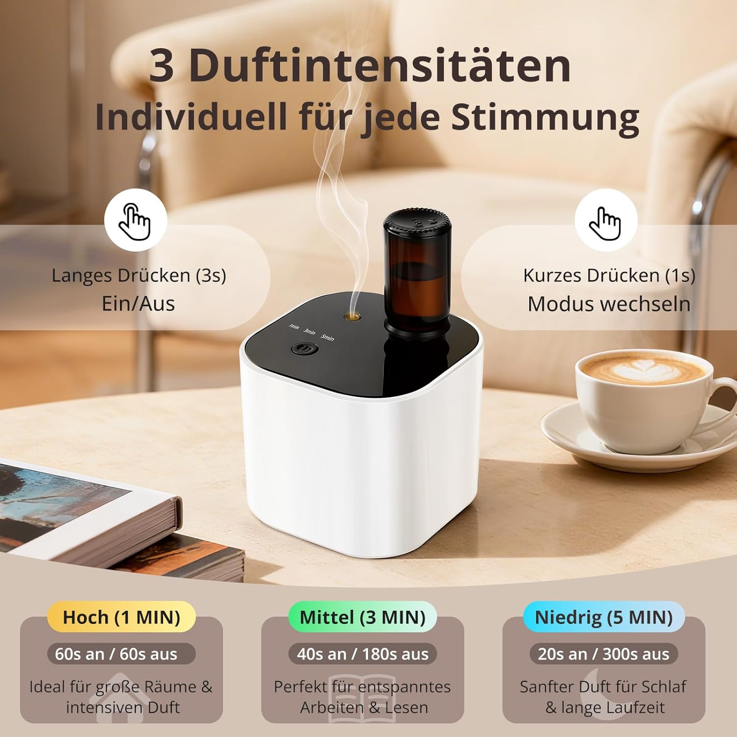 Kabelloser wasserloser Diffusor für ätherische Öle – Aromatherapie-Diffusor mit 10 ml weißem Teeöl und 3 Sprühmodi, leiser Ultraschall-Kaltluft, 2000-mAh-Akku und USB-C für Zuhause, Büro, Auto, Yoga (weiß) – Bild 3