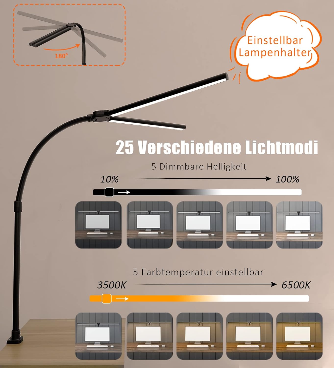 Doppelkopf-Schreibtischlampe LED dimmbar, 24 W 80 cm Schreibtischlampe, klemmbares Heimbüro, Tageslichtlampe Schreibtischlampe, Schwanenhals-Bürotischlampe schwarz, Augenschutz-Monitorlampe – 5 Farbmodi – Bild 7