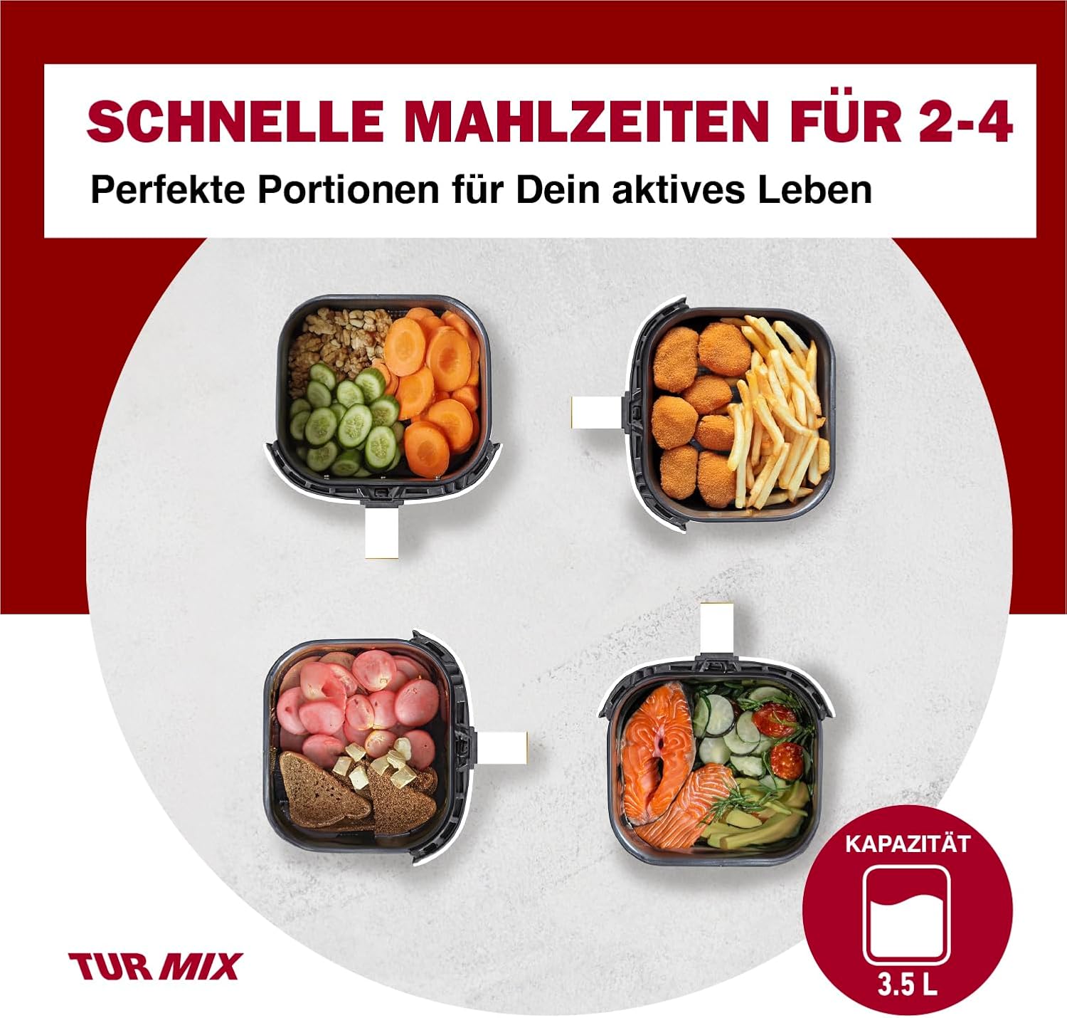 Preisgekrönte Heißluftfritteuse Turmix CX 250 Weiß – Kompakter 3,5-Liter-Airfryer, 1350 W, transparentes Fenster, Touch-Display mit 10 automatischen Kochprogrammen – Schweizer Marke des Jahres – Bild 6