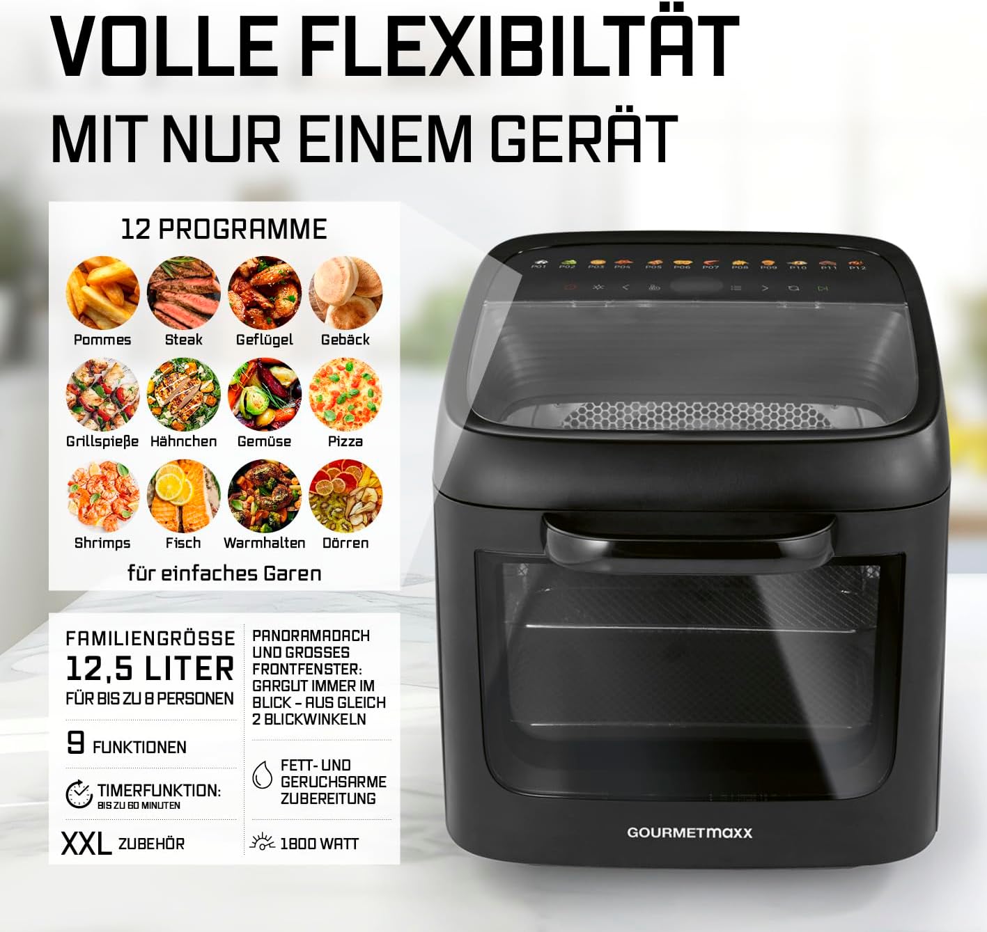 GOURMETmaxx Heißluftofen mit Panoramadach und Frontfenster 12,5 L | Heißluftfritteuse mit 9 Funktionen | Heißluftfritteuse und Minibackofen in 1 | für max. 8 Personen | Heißluftfritteuse mit Farbsymbolen – Bild 2