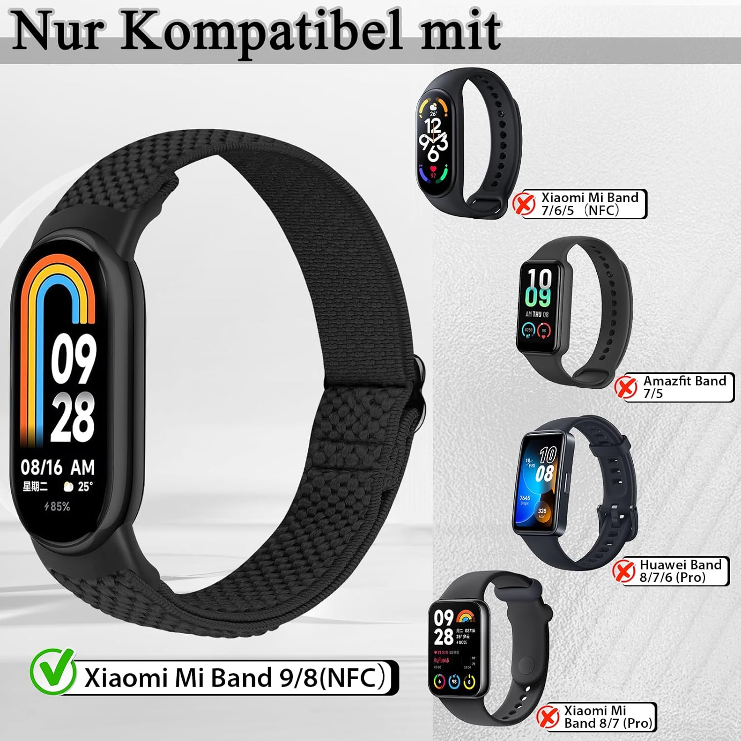 Elastisches Nylon-Armband, nur kompatibel mit Xiaomi Smart Band 10/9/8, verstellbare dehnbare Armbänder, Sport-Ersatzarmband für Xiaomi Mi Band 8/Mi Band 9/Mi Band 10 Herren Damen (2 Stück) – Bild 2