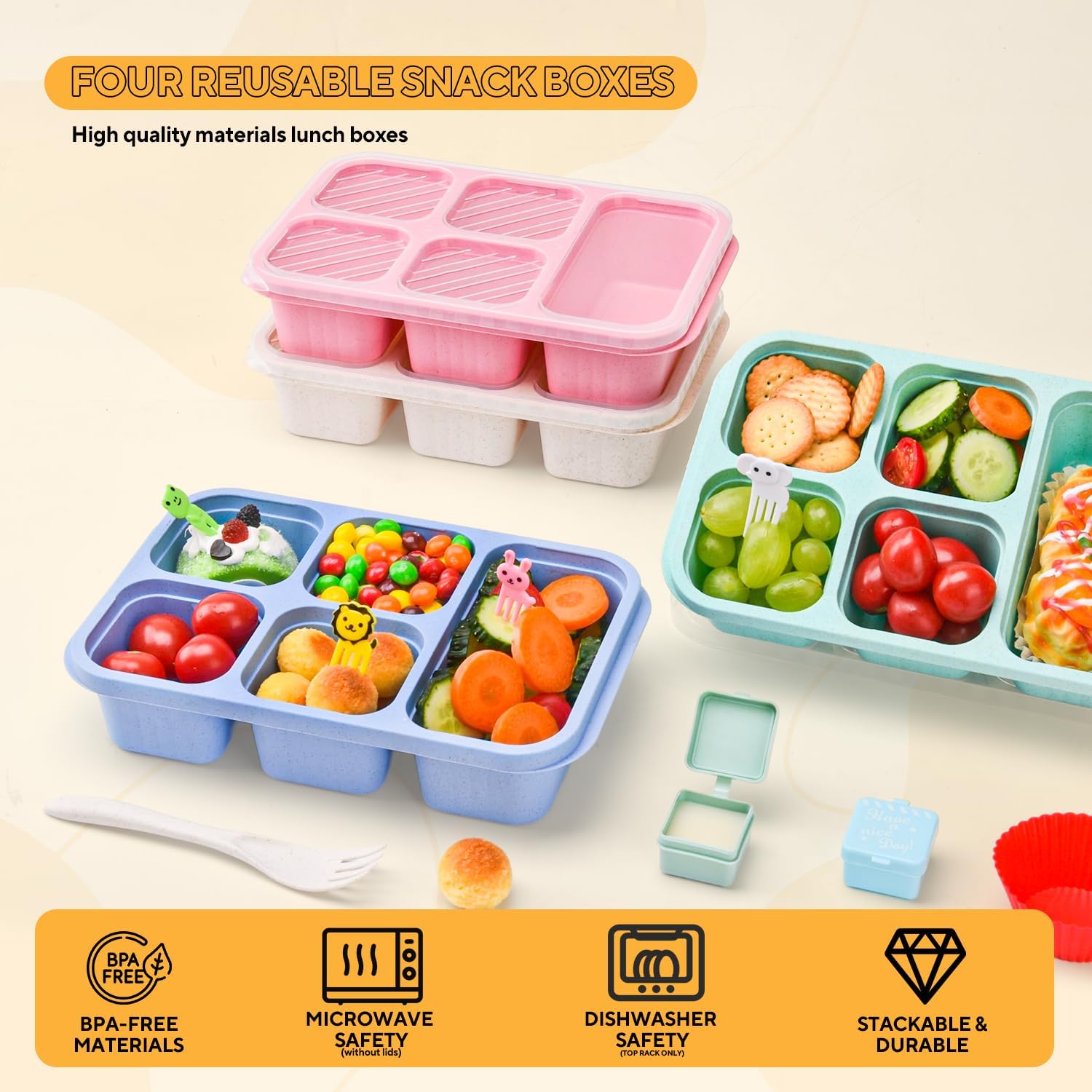 4 Stück Bento-Snackbox mit Fächern, 5 Fächer Lunchable Snack-Behälter, Bento-Lunchbox mit Fächern für Kinder und Erwachsene, Meal-Prep-Lunchbehälter für Schule, Arbeit und Reisen – Bild 4