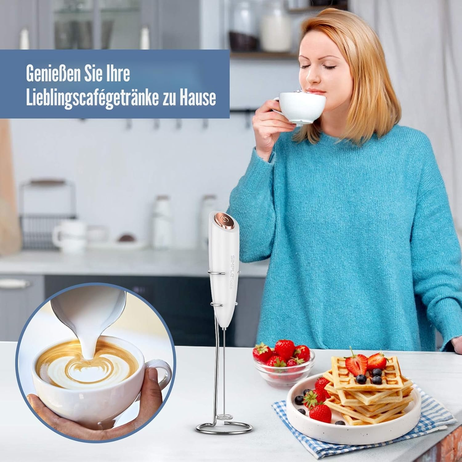 SIMPLETASTE Milchaufschäumer, handlicher, batteriebetriebener elektrischer Schaumbereiter, Getränkemixer mit Edelstahl-Schneebesen und Ständer für Cappuccino, kugelsicheren Kaffee, Latte – Bild 3
