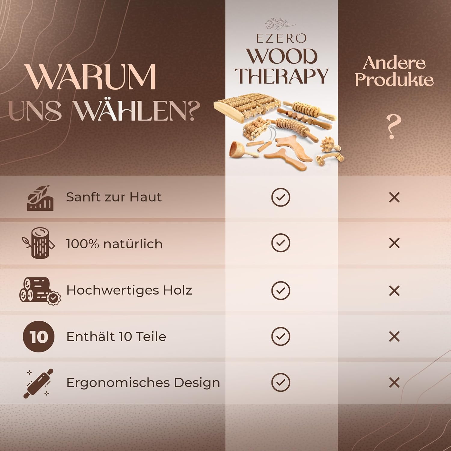 Ezero Maderotherapie-Set 10-teilig mit Tasche und Anleitung – Maderotherapie-Holz mit Faszienstab-Holz – Massageset mit Massageroller-Beinen, Faszienrolle, Körper-Gua-Sha und Madero-Massage – Bild 4