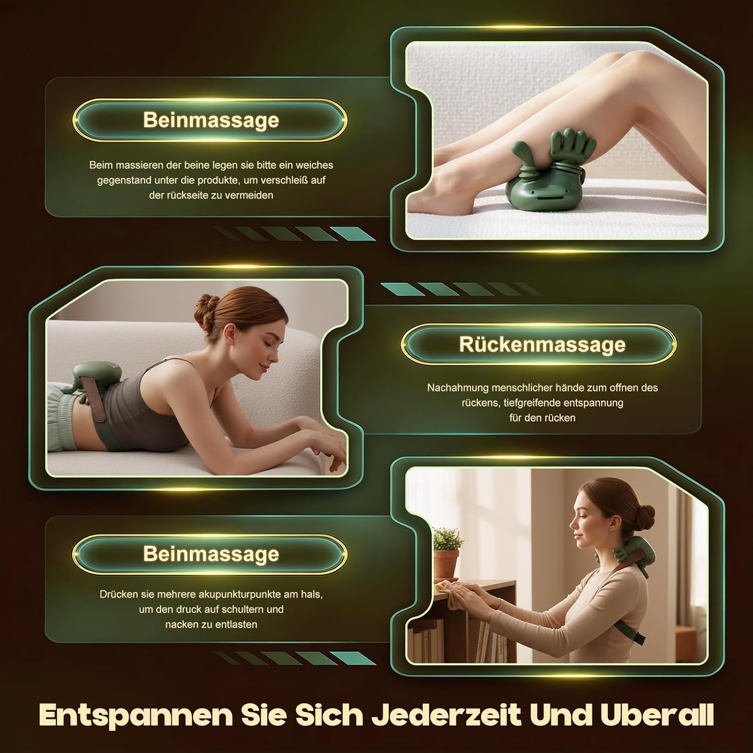 Massagegerät, 4D-Nackenmassagegerät mit Wärme, tragbarer Nacken, 3 Modi und 2 Wärmeeinstellungen, USB elektrisch, entspannt Muskeln und lindert Müdigkeit, für Zuhause und Büro, Grün – Bild 8