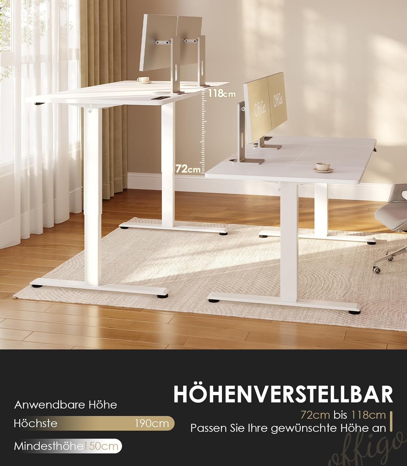 OffiGo höhenverstellbarer Schreibtisch, 160 x 80 cm, elektrischer Schreibtisch mit Steckdosen und USB-Ladeanschluss, Tisch höhenverstellbar mit 2 Memory-Funktionen, Computertisch für Büro, Zuhause, weiß – Bild 3