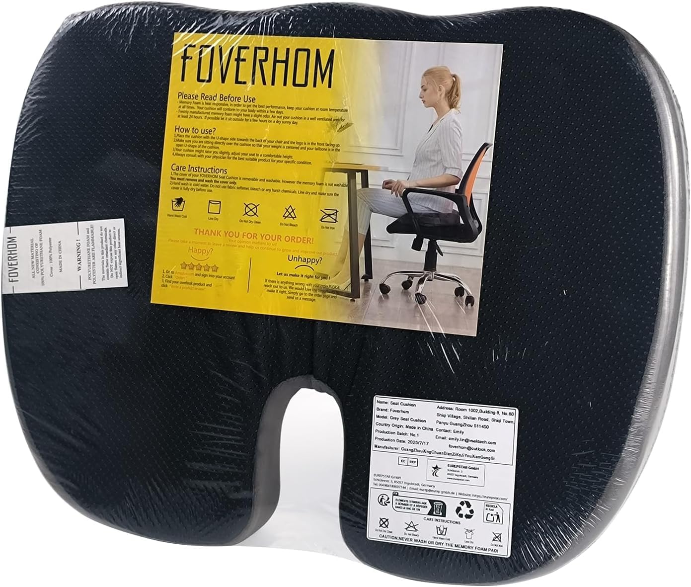 foverhom Gel-Sitzkissen für langes Sitzen, Bürostuhlkissen zur Schmerzlinderung im Steißbein, rutschfest, orthopädisch, 50 Dichte, langsamer Rückprall, mit Griff und verdecktem Reißverschluss – Bild 9