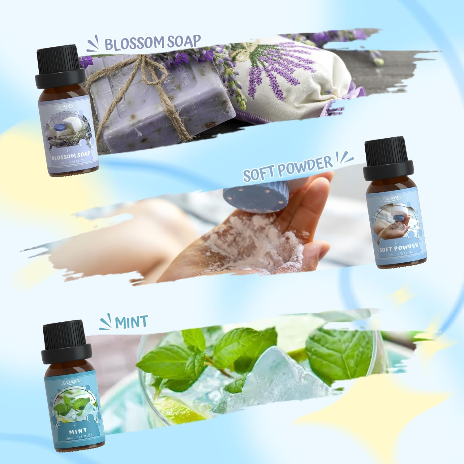 SALUBRITO Clean Essential Oils Set, natürliches, reines Aromatherapie-Duftöl für Diffusor, Kerzenherstellung, saubere Baumwolle, frische Bettwäsche, sauberes Zuhause, Pulver, Blumenseife, Minze – Bild 4