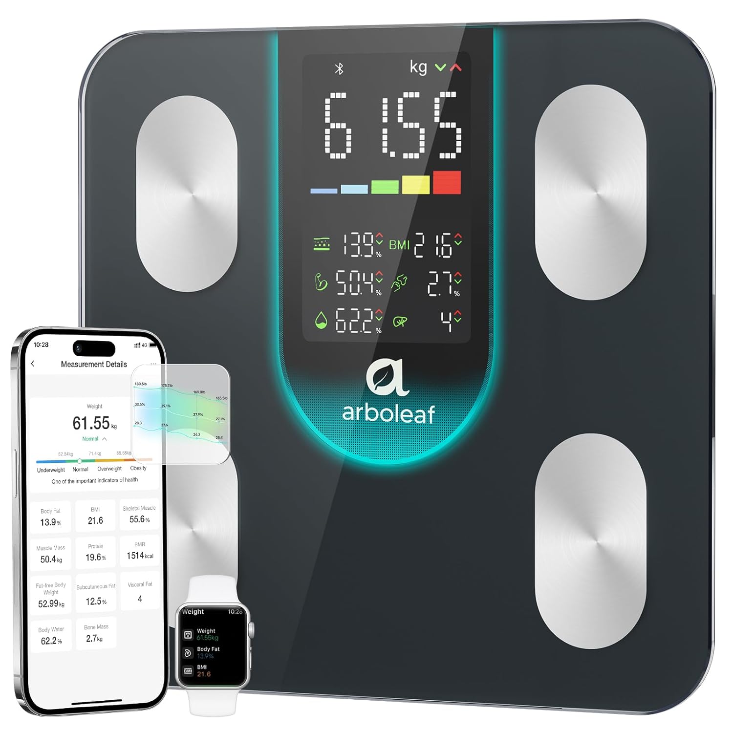 arboleaf CS20L Körperfettwaage mit Körperfett und Muskelmasse mit großem LED-Display, Körperanalysewaage mit BIA-Technologie, hochpräzise Körperwaage Bluetooth bis 180 kg / 400 lbs