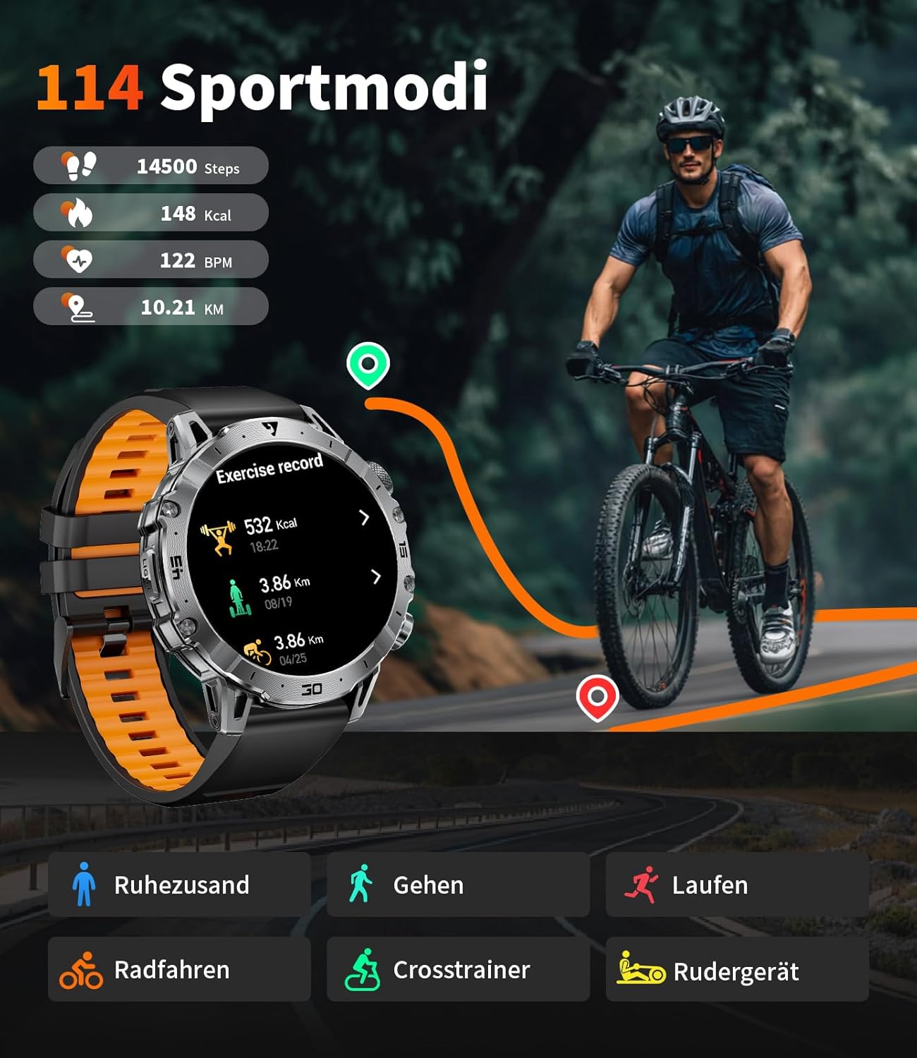 EF18-A Herren-Smartwatch mit 1000 mAh großem Akku, Taschenlampe, Bluetooth-Anruf, 1,7 Zoll Fitnessuhr mit 110+ Sportmodi, Herz- & Schlaf-Tracking, wasserdicht für iOS/Android, 3 Armbänder + 2 Ladegeräte – Bild 5