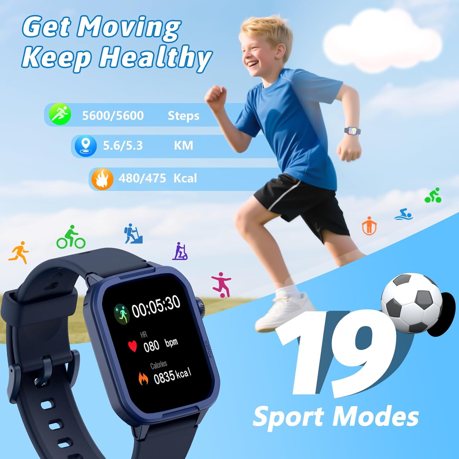 Smartwatch Kinder Fitness Tracker Uhr Digitale Fitnessuhr mit Schrittzähler, 24/7 Puls, IP68 Wasserdicht, Schlafmonitor, Wecker, Geschenk für Kinder Mädchen Jungen 6-16 (Blau) – Bild 4