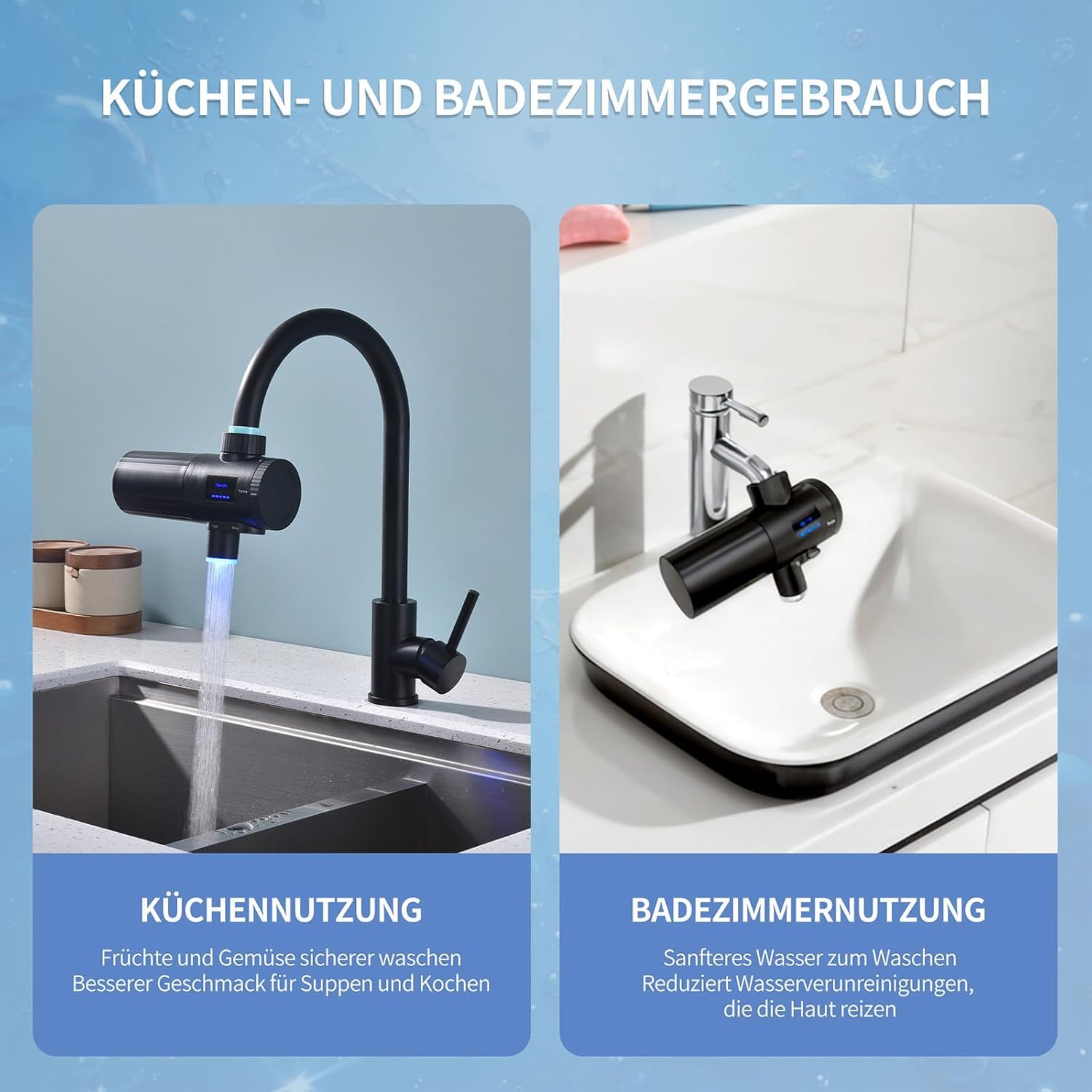 HOMELODY Wasserfilter Trinkwasser für Küche, entfernt Chlor, Schwermetalle & Kalk, verbessert den Geschmack, 12x Adapter, Blaulicht & 1 Filter enthalten, Wasserfilter Wasserhahn 3.0 mit LED-Anzeige – Bild 10