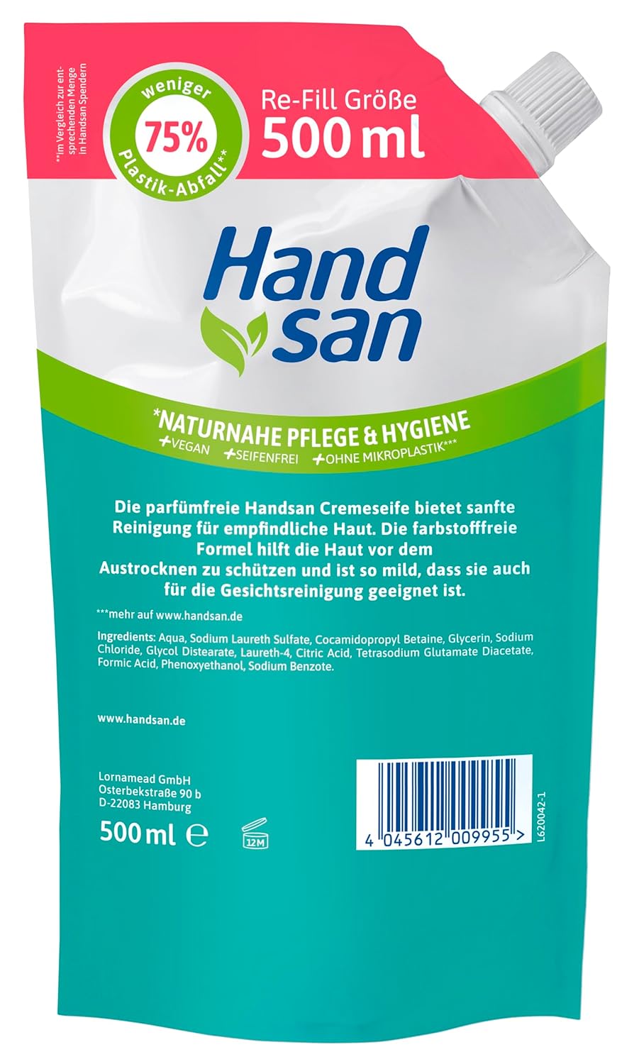 Hand San Cremeseife, parfümfreier Nachfüllbeutel | Frei von Duftstoffen, Seifen und Farbstoffen | Händewaschen und Gesichtsreinigung | Formulierung ohne Mikroplastik | pH-neutral und vegan | 500 ml – Bild 2