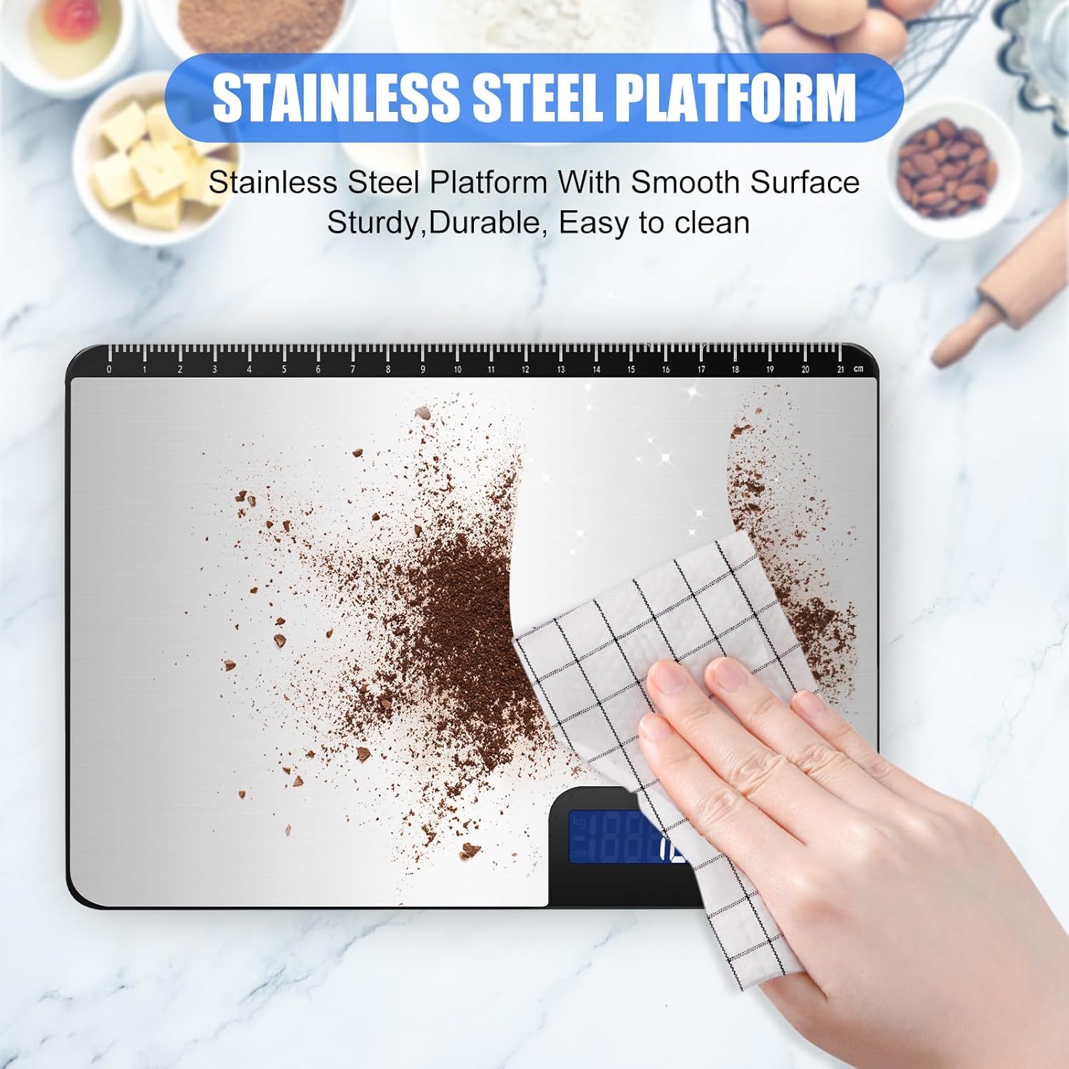 Große digitale Küchenwaage 15 kg, präzise Lebensmittelwaage mit 1 g Genauigkeit, individuelle automatische Abschaltung (3, 10 und 60 Minuten), LCD-Display, Gramm und Unzen, ideal für Zuhause, Kochen und Backen – Bild 8