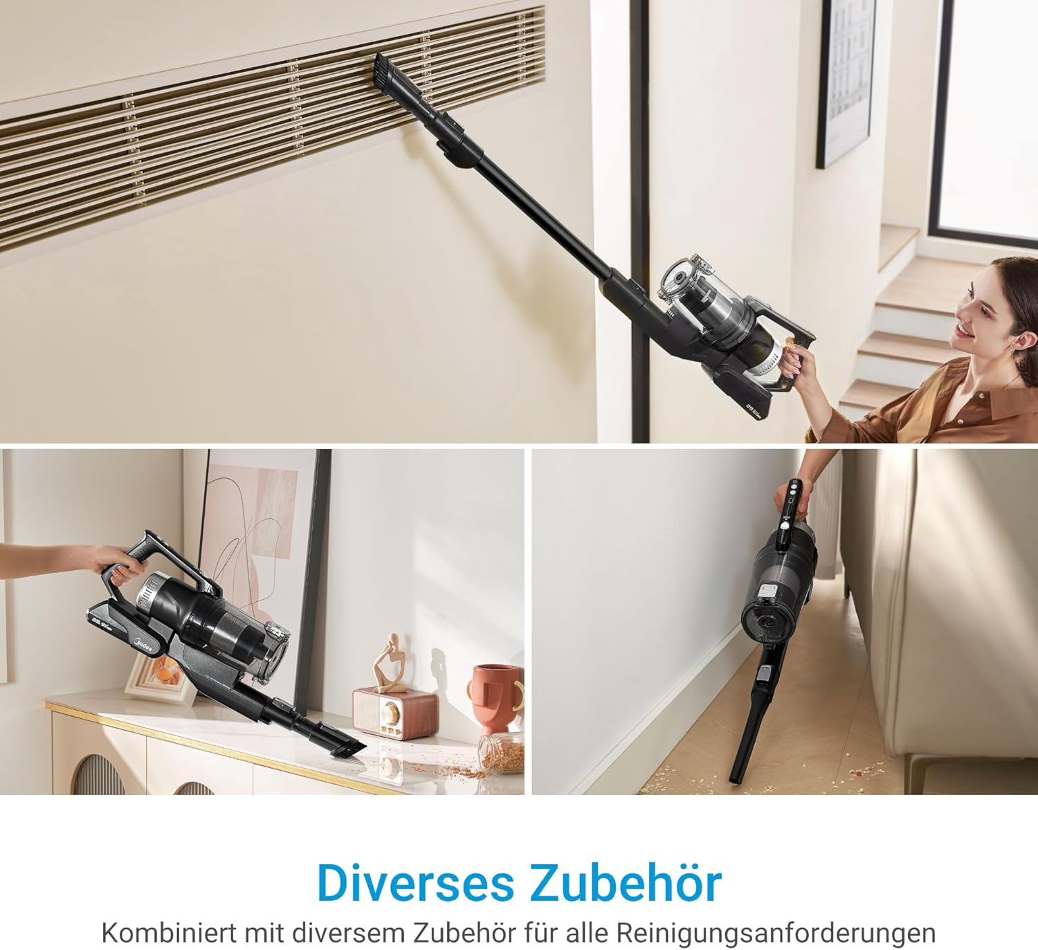 Midea Akku-Staubsauger mit Saugstation, 350 W, bis zu 60 Minuten Laufzeit, selbstentleerende Anti-Tangle-Bürste, LED-Düse, HEPA-Filter, für Allergiker geeignet, austauschbarer Akku, kabellos, schwarz – Bild 3
