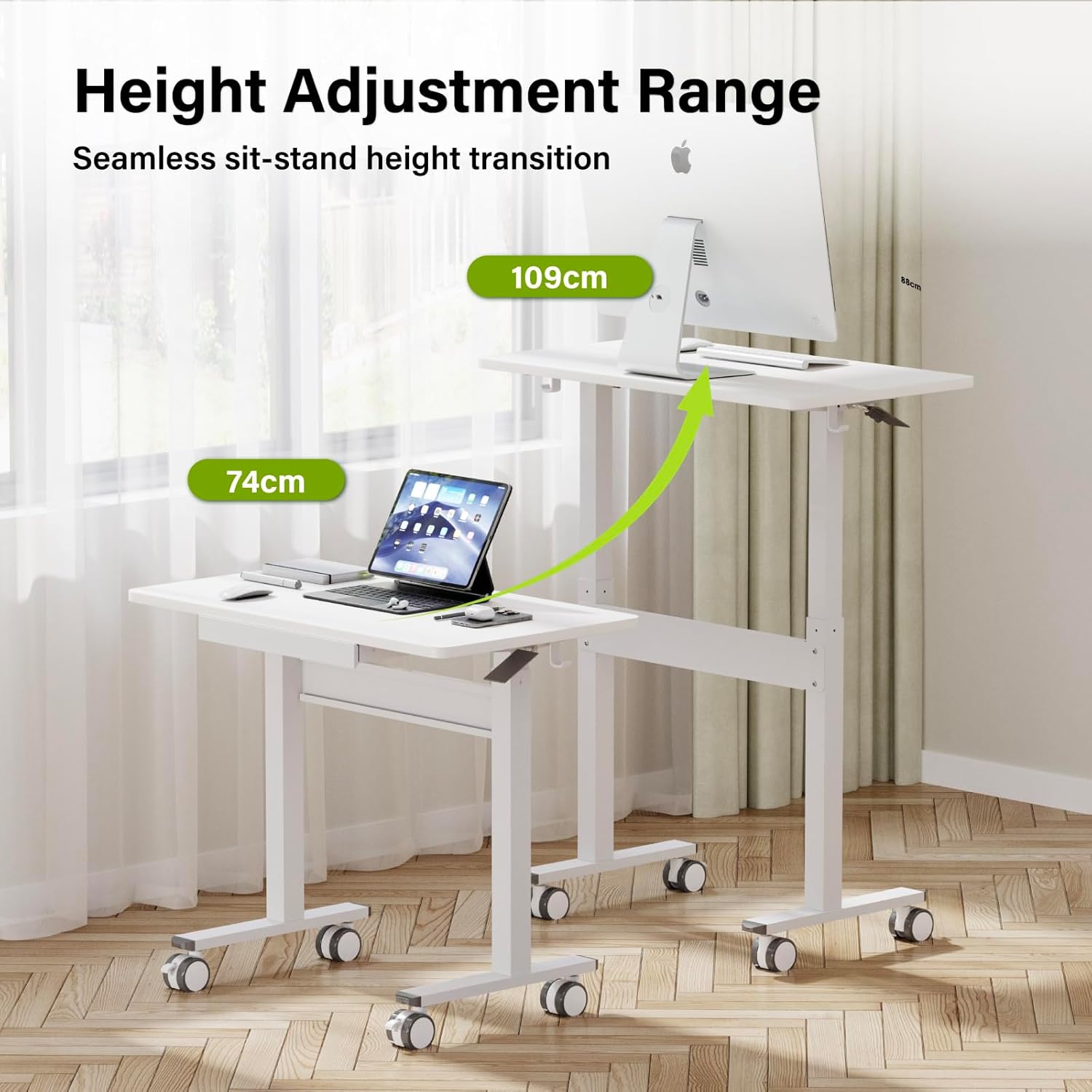 Computertisch, pneumatisch höhenverstellbar (88 x 50 cm), Laptoptisch mit Rollen und Schublade, Überbetttisch, Stehsitzschreibtisch für Büro, Wohnzimmer, Schlafzimmer, kleine Räume, Weiß – Bild 3