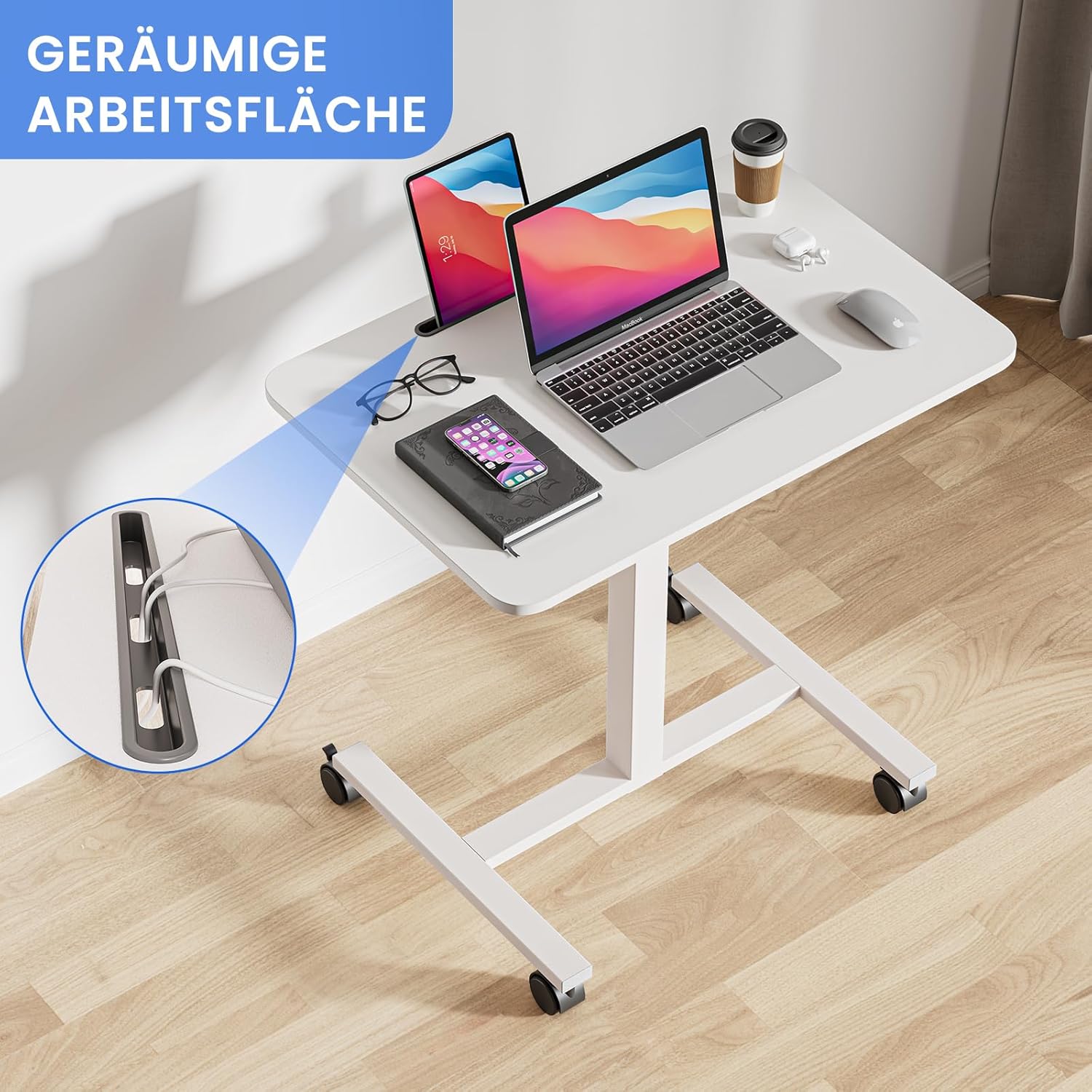 Dripex Computertisch höhenverstellbar mit Rollen, Aussparung für Tablet oder Handy, Stehsitz, PC-Tisch, kleiner Schreibtisch, mobiler Stehschreibtisch, Pflegetisch, Beistelltisch, weiß – Bild 6