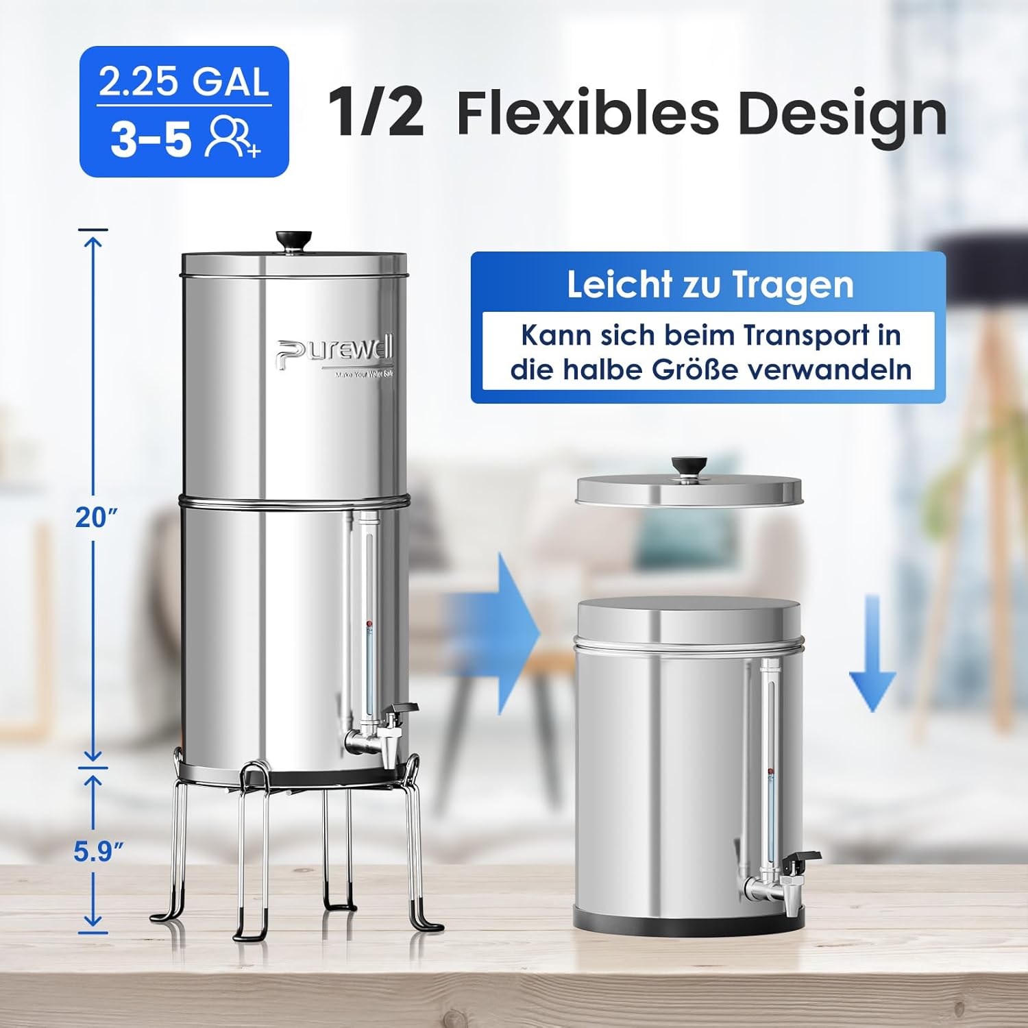 Purewell Schwerkraft-Wasserfilter 8,5 l – Edelstahlbehälter mit 4 Filtern (Aktivkohle/Fluorid) mit transparentem Wasserhahn – entfernt 99 % Fluorid, Chlor und Metalle – stromlos – Bild 8