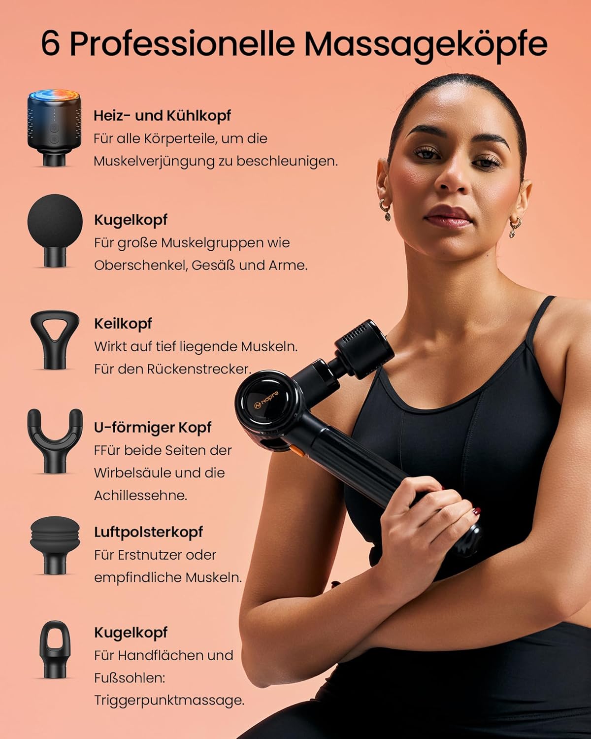 NAPRE Massagepistole mit Wärme und Kälte, Massagepistole mit Verlängerungsgriff, verstellbare Winkel, Muskel-Percussion-Massagegerät für Rücken, Nacken, Körperentspannung, 6 Köpfe und Koffer – Bild 12