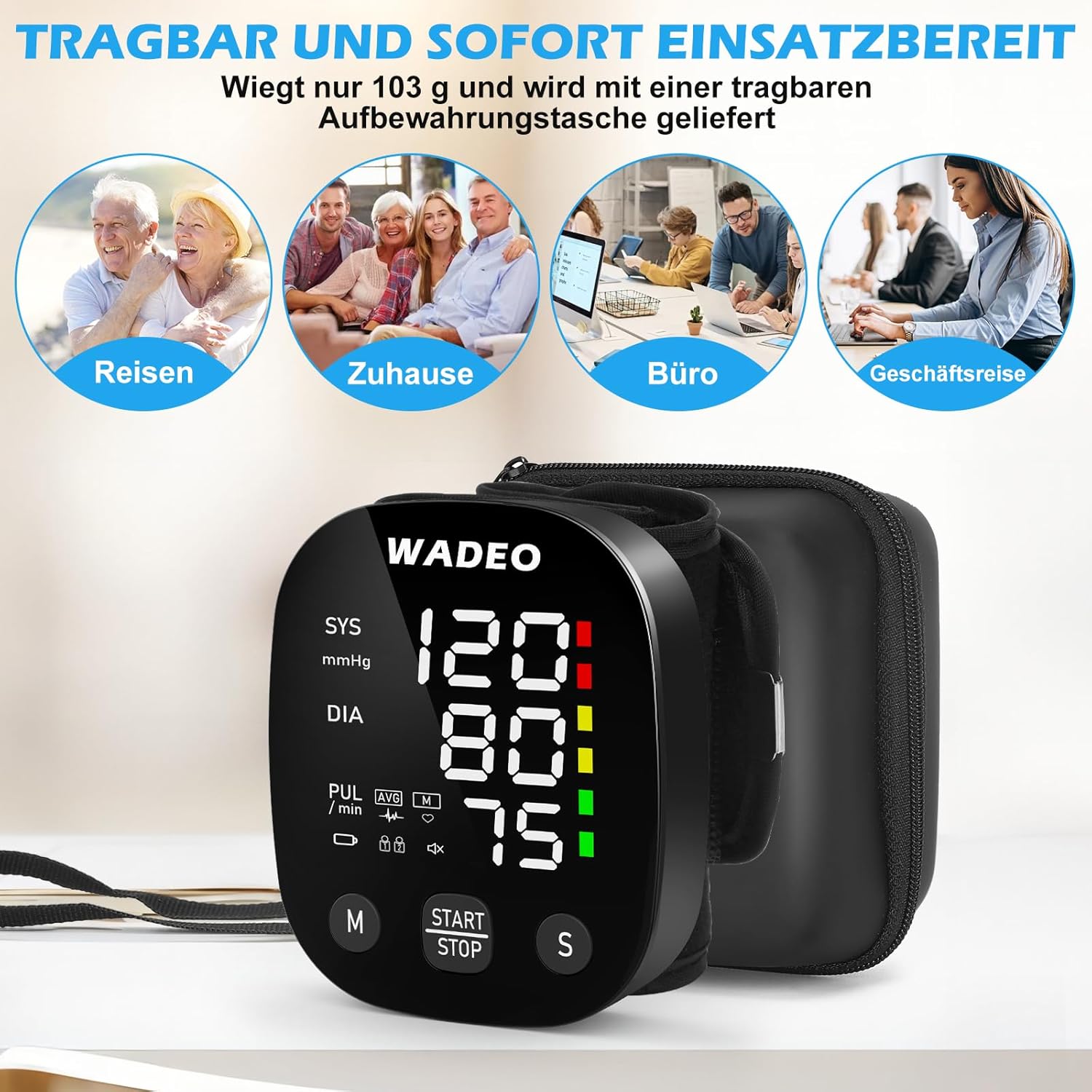 WADEO Digitales Handgelenk-Blutdruckmessgerät mit LCD-Display, Sprachansagefunktion, präzise Messung, 2 x 99 Speicher, tragbares Blutdruckmessgerät mit Arrhythmie-Erkennung für zu Hause oder auf Reisen – Bild 8