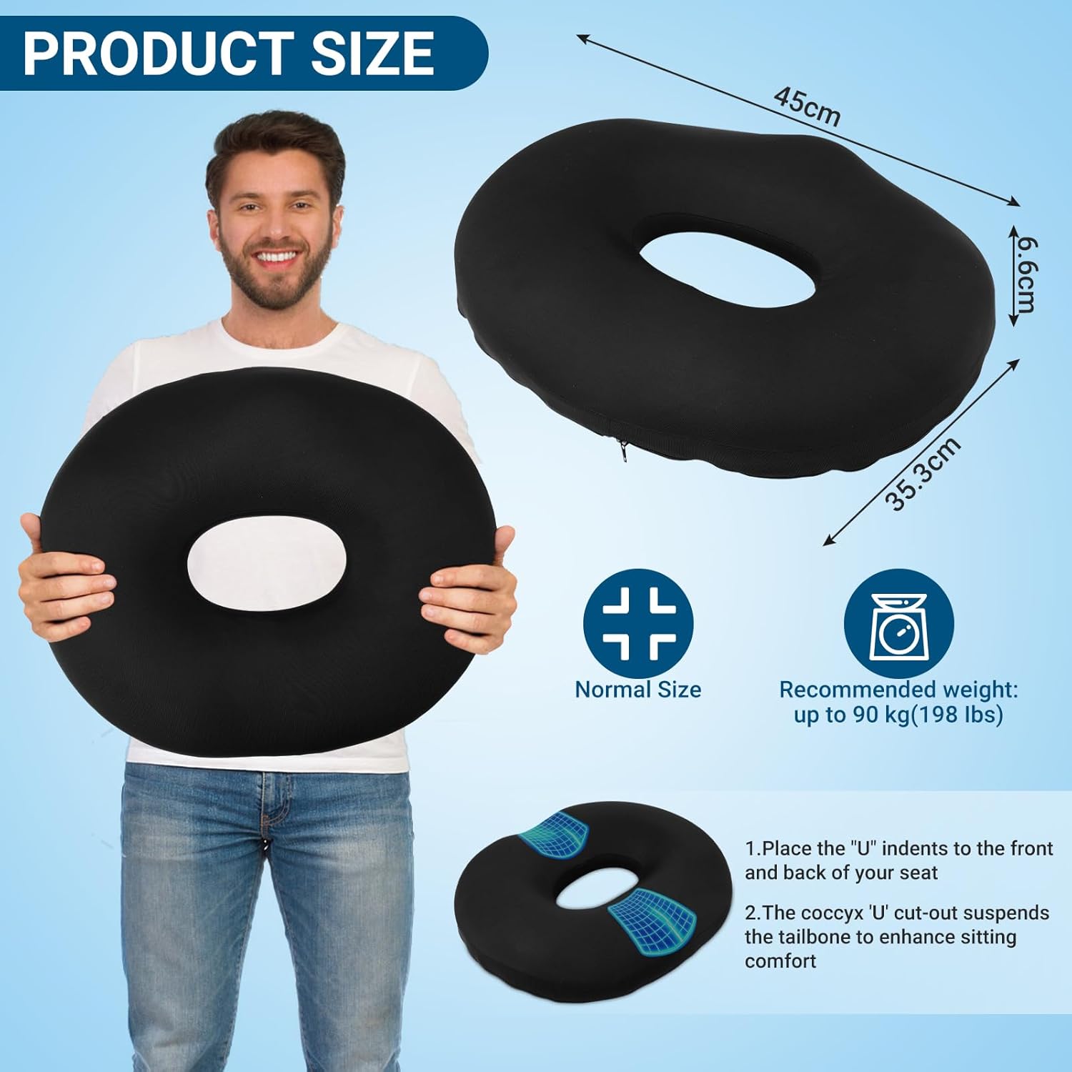 Orthopädisches Sitzkissen, runder Memory-Schaum, Sitzring mit Loch, Donut-Sitzkissen für Hämorrhoiden, Steißbein-Entlastung, Büro, Auto, Rollstuhl – Bild 2