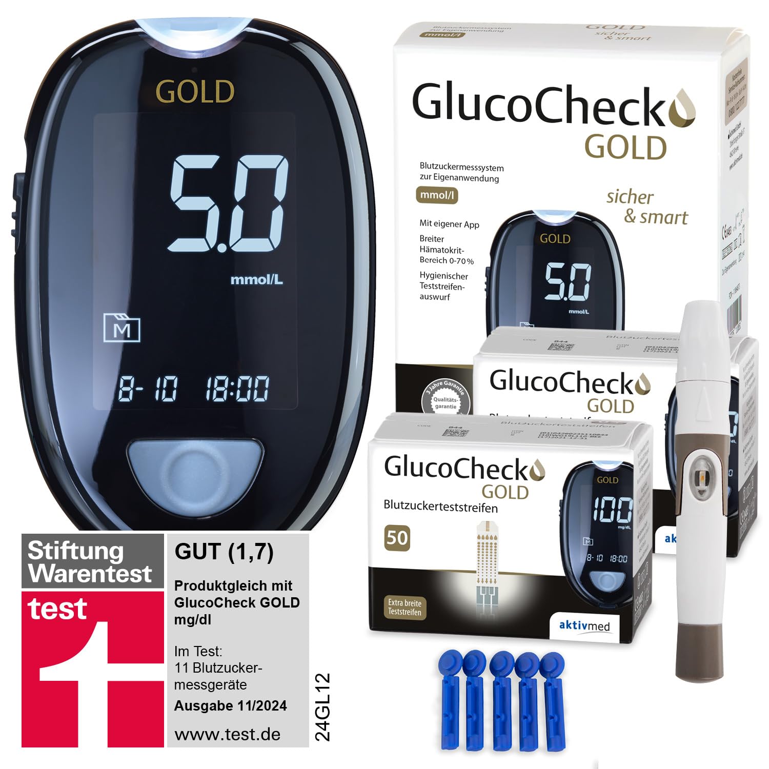 GlucoCheck Gold Blutzuckermessgerät-Set (mmol/L) + 110 Blutzucker-Teststreifen, 10 Lanzetten, 1 Stechhilfe, 1 Etui, Maxi-Sparset zur Blutzucker-Selbstkontrolle