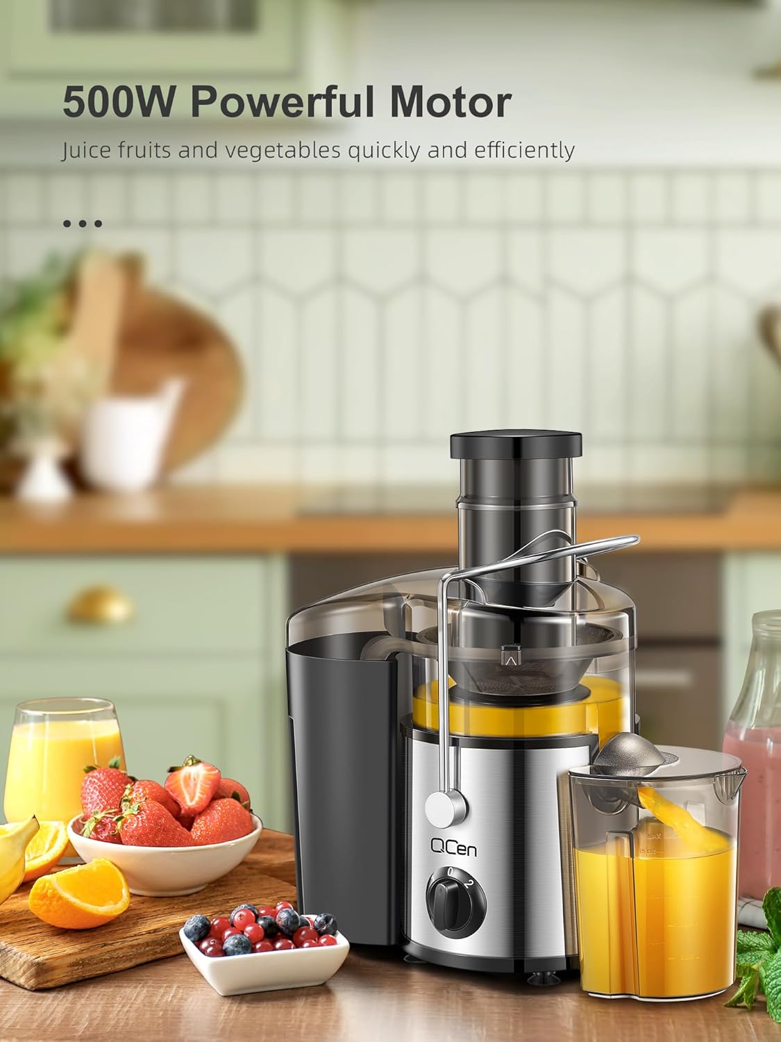 QCen Entsafter, Zentrifugal-Entsafter mit 3-Zoll-Einfüllkanal, leicht zu reinigen, Edelstahl, BPA-frei, ideal für Obst und Gemüse (transparent, 500 W) – Bild 5