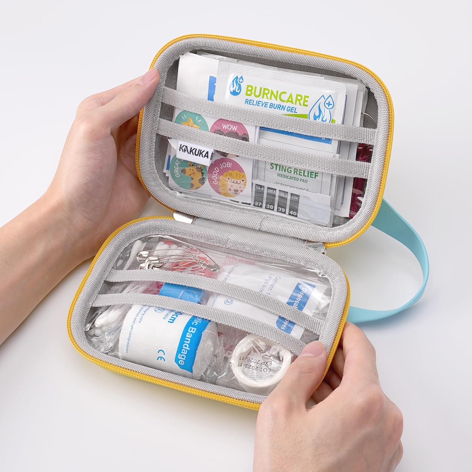 Erste-Hilfe-Set für Kinder, wasserdicht, 113 Teile, kompaktes und niedliches Erste-Hilfe-Set für Zuhause, Auto, Reisen, Wandern und Sport – Gelb – Bild 3