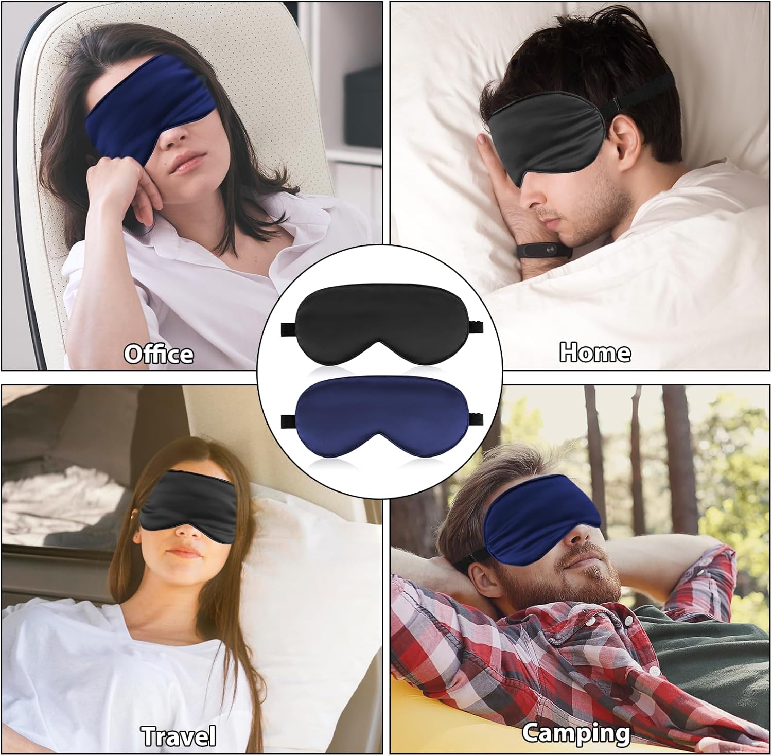 2 Stück Schlafmaske aus Seide, Augenmaske mit verstellbarem Gummiband, lichtblockierende Nachtmaske, hautfreundlich, Seitenschläfer, Schlafmaske für Reisen, Männer, Frauen, Kinder (Schwarz & Marineblau) – Bild 5