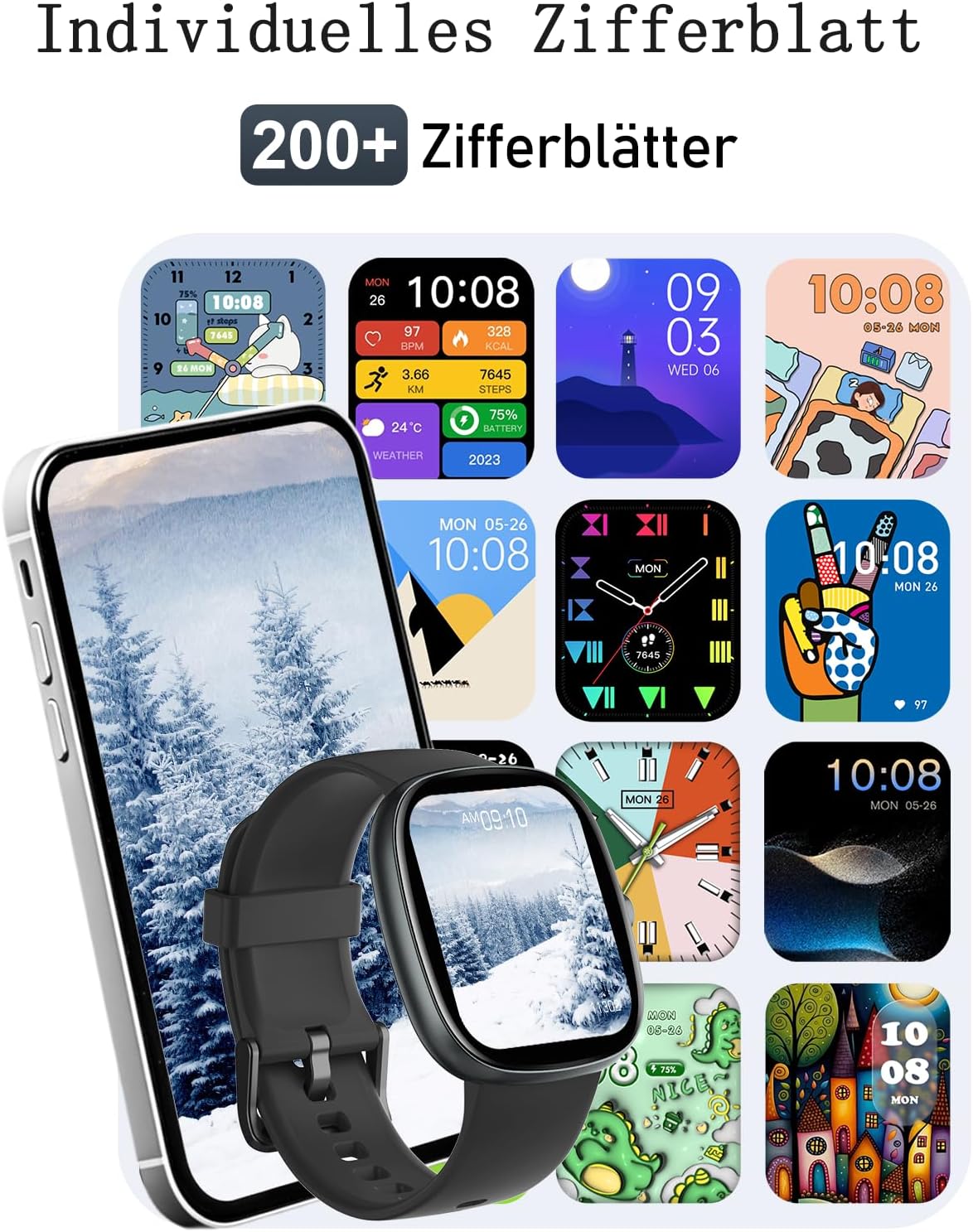 Smartwatch Damen Herren mit Telefonfunktion, 1,85 Zoll Smartwatch mit SpO2/Herzfrequenz/Schlafmonitor/Schrittzähler 100+ Sportmodi, IP68 wasserdichte Fitnessuhr Whatsapp Notify für Android iOS Handy – Bild 6