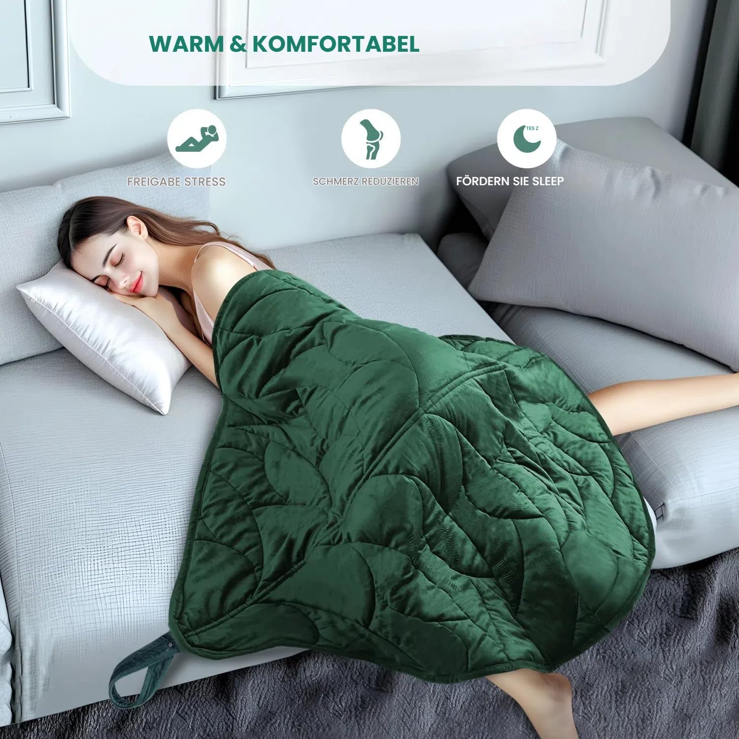Gewichtsdecke 3,2 kg für Erwachsene – Tiefer Schlaf und bessere Erholung – Kuscheldecke aus Kristallsamt 100 x 70 cm zum Entspannen, Ausruhen & als Reisedecke – Grün – Bild 2