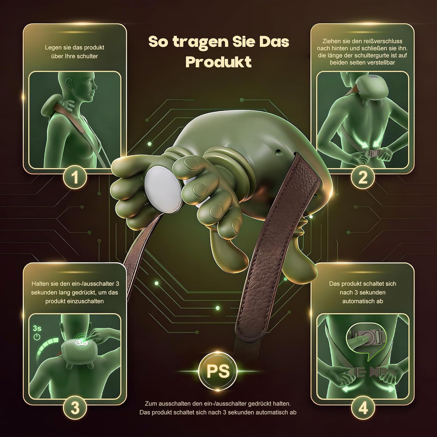 Massagegerät, 4D-Nackenmassagegerät mit Wärme, tragbarer Nacken, 3 Modi und 2 Wärmeeinstellungen, USB elektrisch, entspannt Muskeln und lindert Müdigkeit, für Zuhause und Büro, Grün – Bild 6
