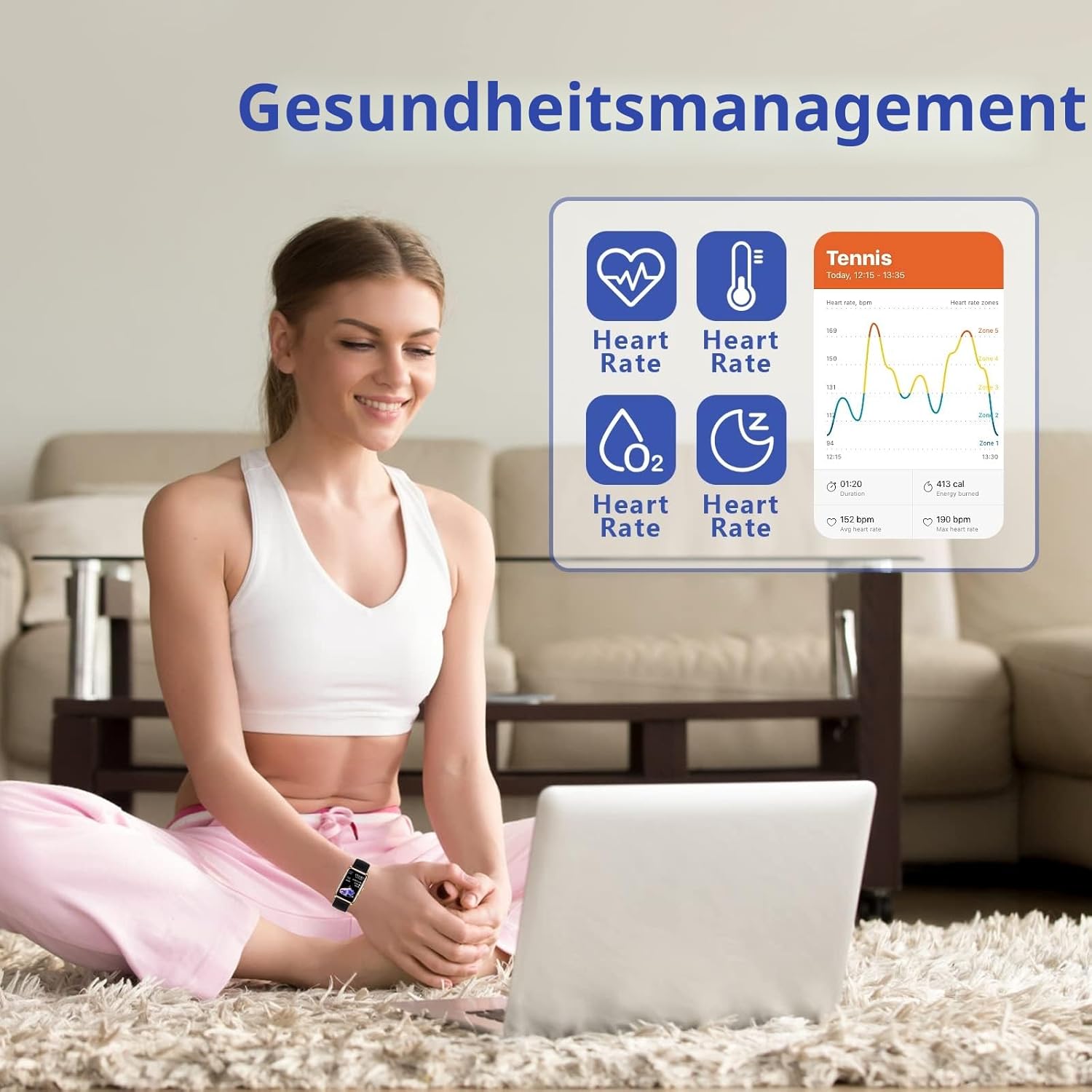 Smartwatch Damen 1,47 Zoll Uhr mit IP68 Wasserdicht Fitness Tracker Sportuhr mit zwei Wochen Standby SpO2 124 Trainingsmodi Herzfrequenzmesser Schlafmonitor Musiksteuerung Android iOS – Bild 4