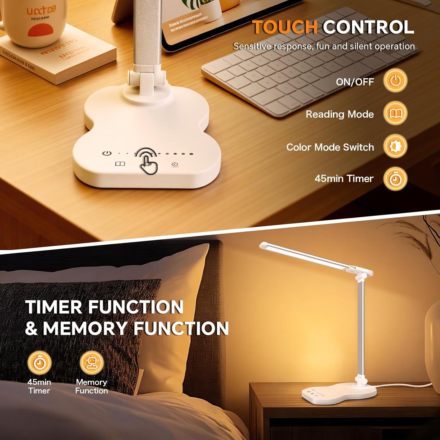 Caldarax Schreibtischlampe LED Dimmbar, Augenschutz Schreibtischlampe, 5 Farben und 10 Helligkeitsstufen, mit Timer und Touch-Steuerung, Tischlampe USB-Anschluss zum Lesen, Büro, Nachttisch, Arbeitszimmer (Weiß) – Bild 2