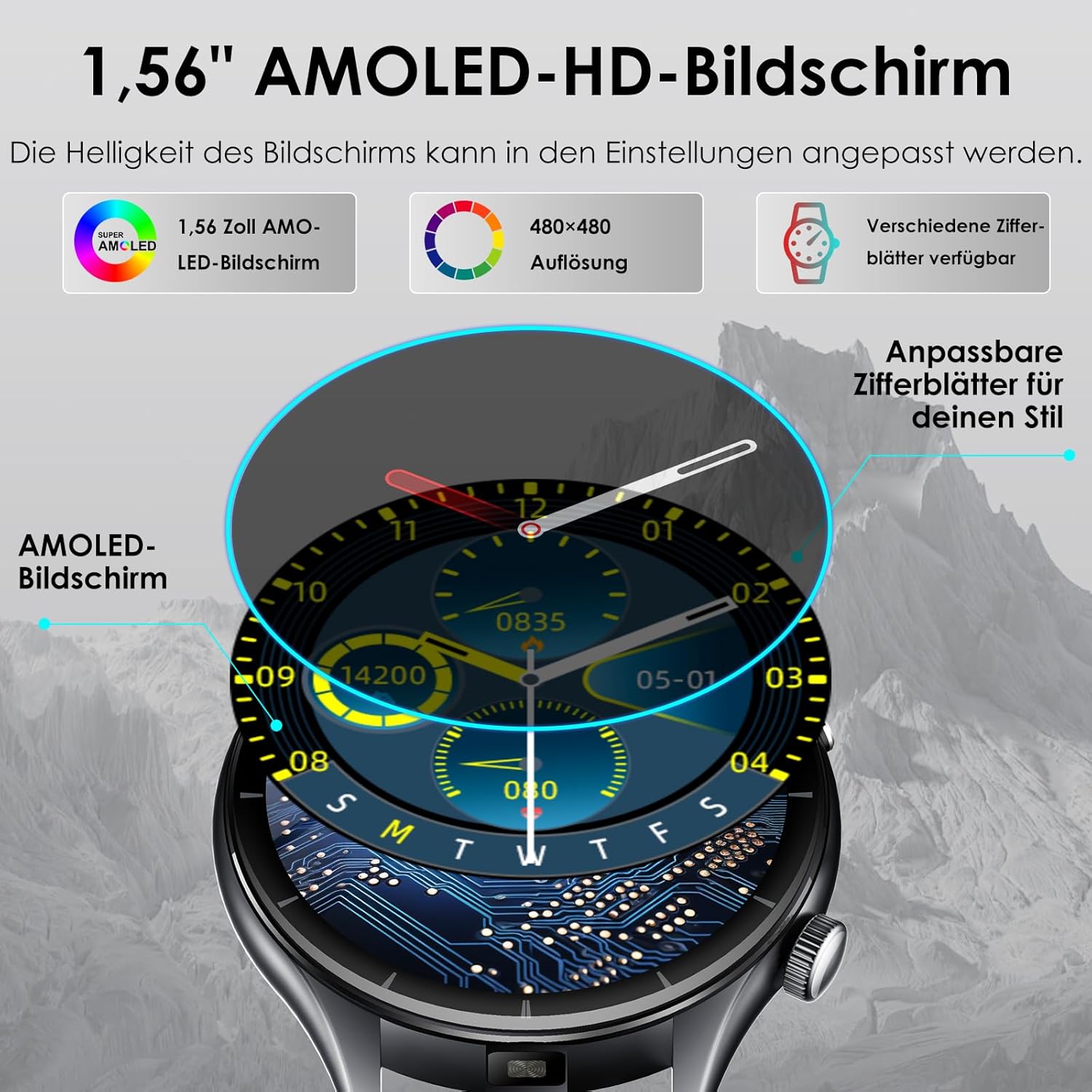 2026 Neue Smartwatch Herren mit EKG/ΒΙυtzυcker/ΒΙutdruck/BMI/HRV/Harnsäure/LED-Licht, 1,56" AMOLED Rund Gesundheitsuhr mit SpO2/Pulsuhr, Schlaf/αρnoe-Monitor, SOS-Notruf Fitnessuhr für iOS Android – Bild 7