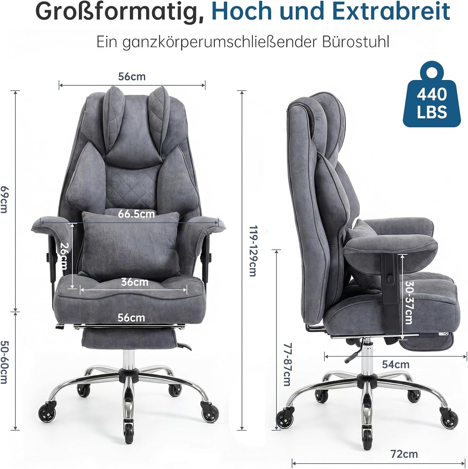Ergonomischer Bürostuhl mit Fußstütze – Schreibtischstuhl Chefsessel 200 kg, starke Polsterung, hohe Rückenlehne, Lordosenstütze, Armlehnen höhenverstellbar, Wildlederimitat – Bild 3