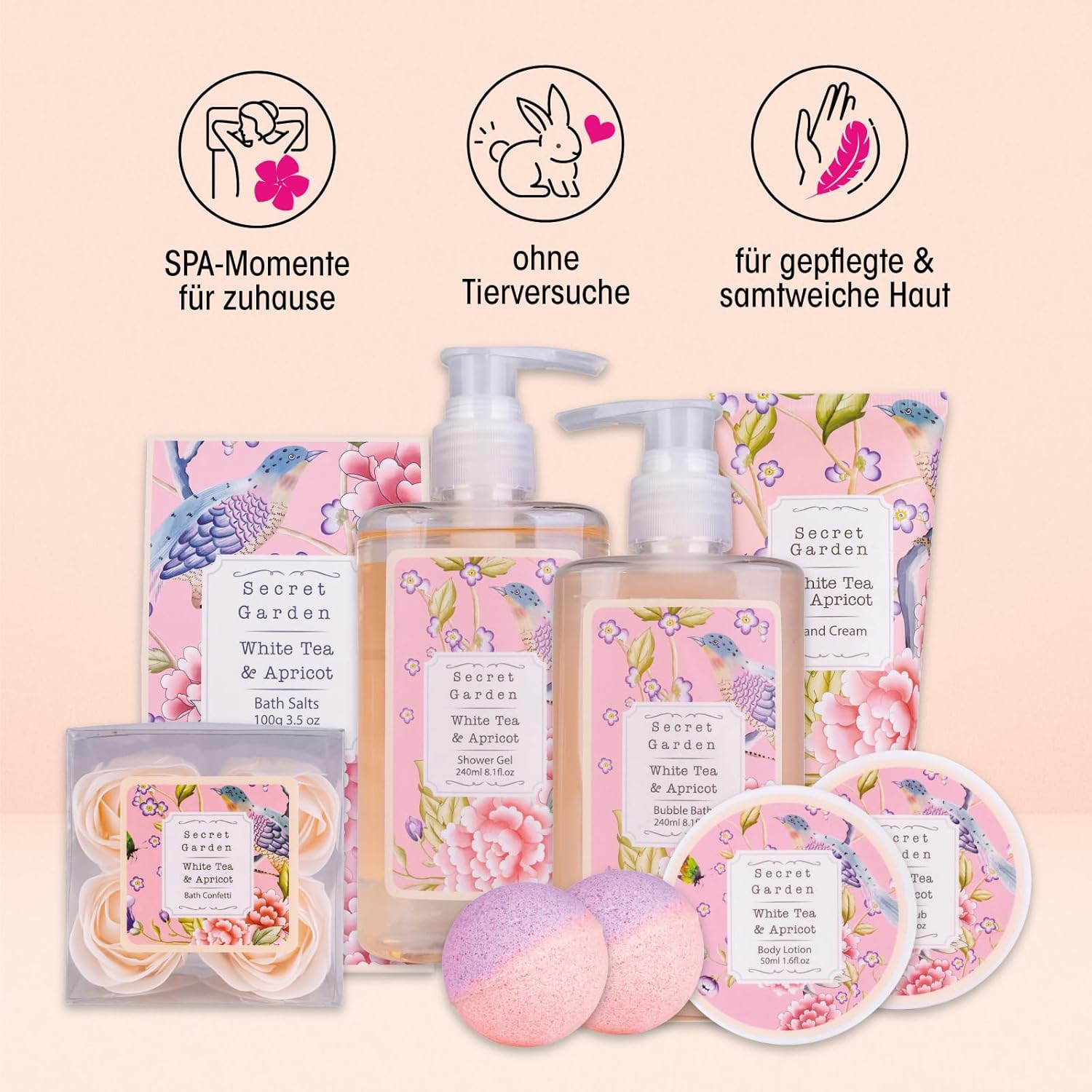 Accentra Secret Garden Bade- und Dusch-Geschenkset mit weißem Tee- und Aprikosenduft – 8-teiliges Geschenkset – Bild 3