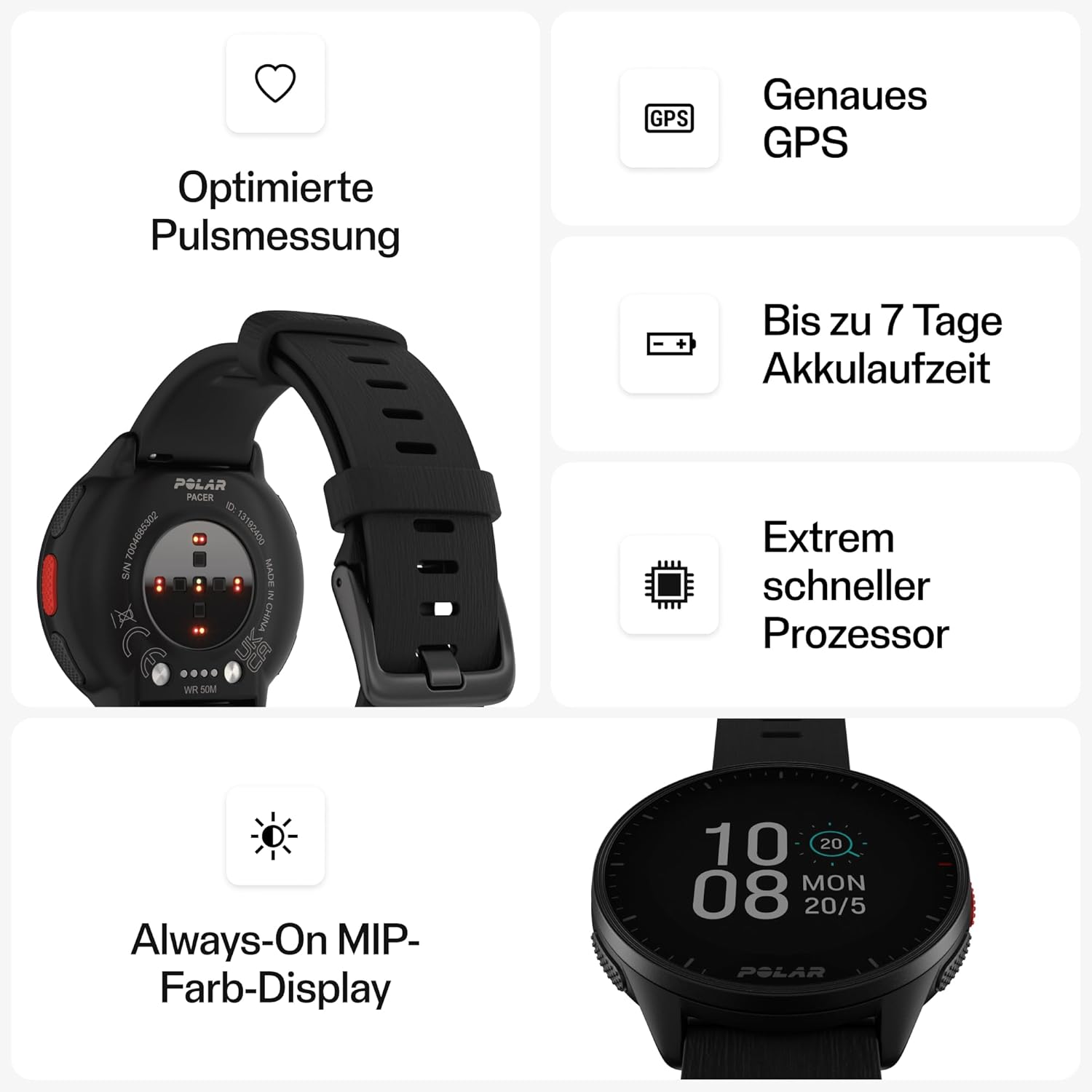 Polar Pacer - GPS-Laufuhr - sehr schneller Prozessor - Ultraleicht - helles Display - griffige Tasten - personalisiertes Trainingsprogramm & Erholungsfunktionen - Pulsmesser - Musiksteuerung – Bild 7
