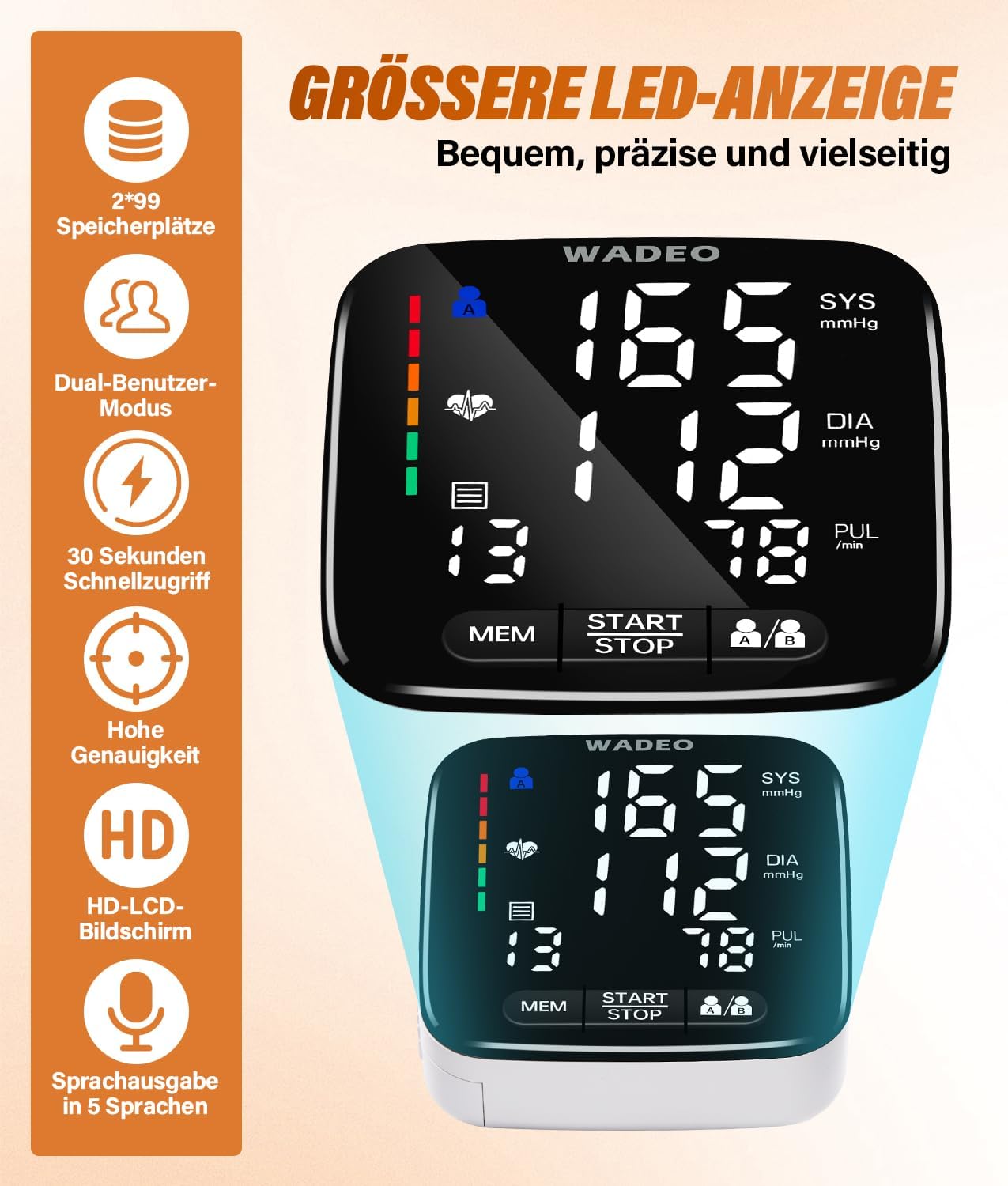 WADEO Digitales Handgelenk-Blutdruckmessgerät, 5-Sprachen-Eingabeaufforderung, Arrhythmie-Erkennung, tragbares Blutdruckmessgerät für Zuhause und unterwegs, 2 x 99 Speicher, mit Batterien und Aufbewahrungsbox – Bild 3