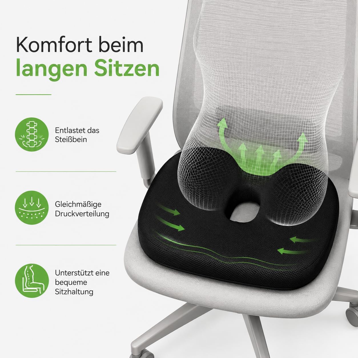 Sitzkissen, ergonomisches orthopädisches Memory-Schaum-Stuhlkissen mit U-förmiger Steißbeinentlastung, druckentlastend für Bürostuhl, Auto, Rollstuhl, Zuhause, rutschfest, waschbar, Schwarz – Bild 8