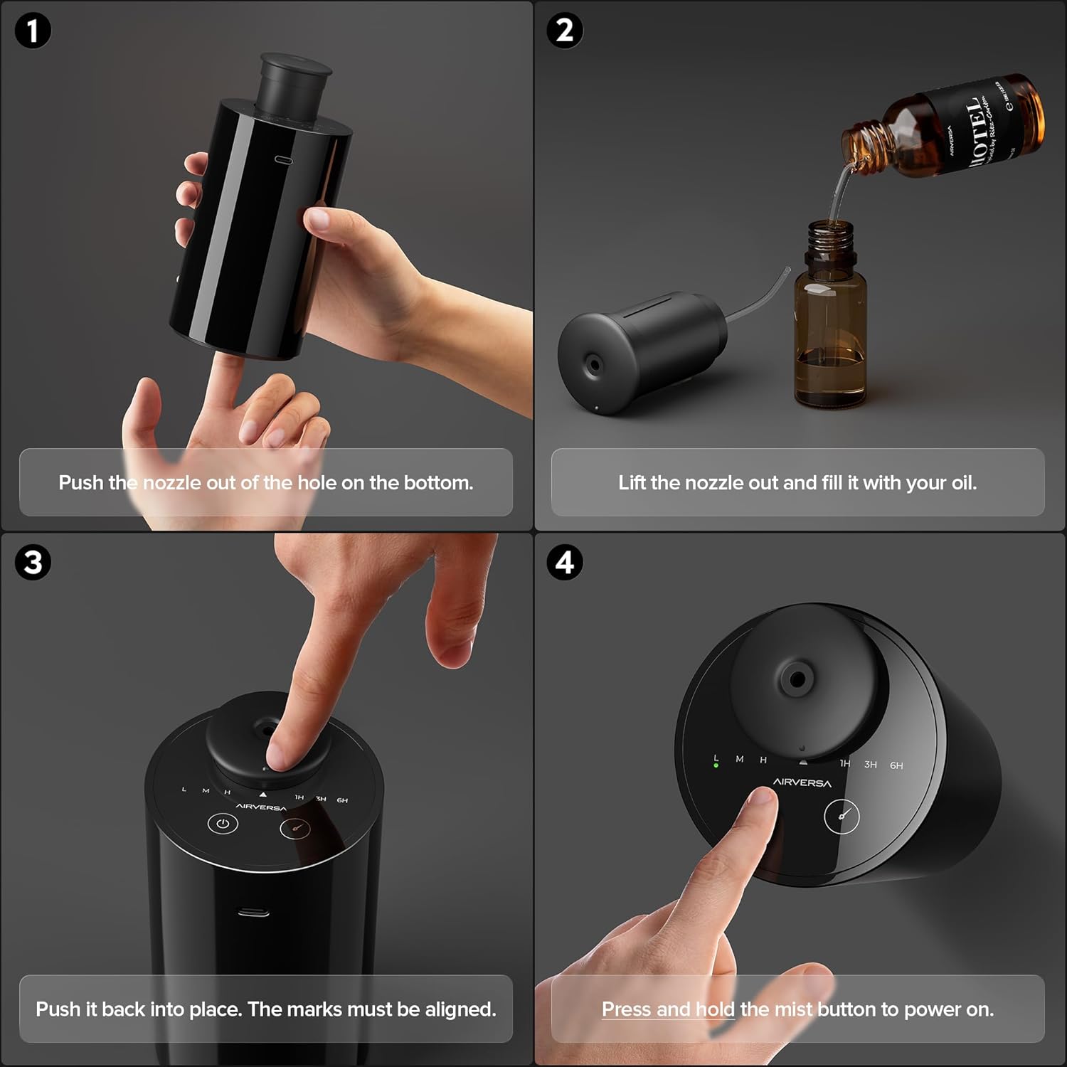 Airversa wasserloser Diffusor, tragbarer Aromadiffusor, kabellos, wiederaufladbarer USB-Aromadiffusor, 3 Countdown-Timer, 3 Nebelstufen, für Zuhause, Zimmer, Auto, Büro, AN6, Schwarz – Bild 7