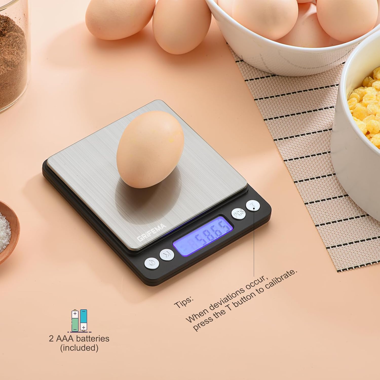 GRIFEMA Professionelle digitale Küchenwaage (hohe Präzision 0,05 g – 500 g) – Präzisionswaage mit LCD-Display und 2 Batterien, Briefwaage, automatische Speicherung und Tara, Küchenwaage klein mit 6 Maßeinheiten – Bild 8