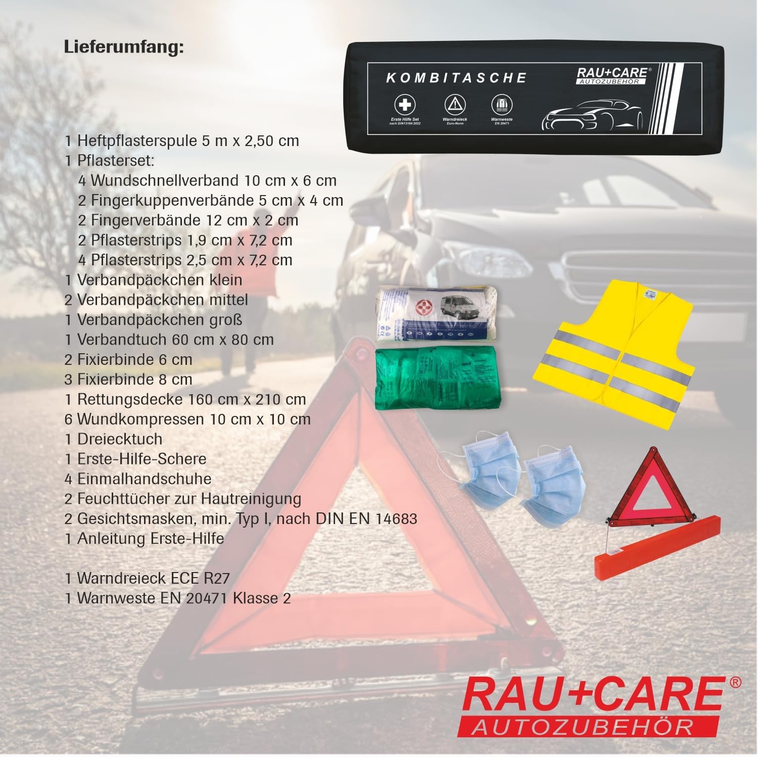 Rau Auto-Kombitasche schwarz 3-in-1 – aktuelle Norm 2025 – geprüft – inkl. Warndreieck, Warnweste – Verbandstasche Auto DIN 13164:2022 – erfüllt alle StVO-Vorschriften – – Bild 3